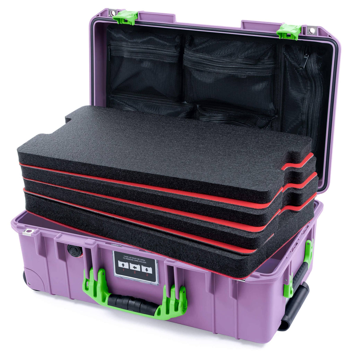 Pelican 1535 Air Case, Lilac with Lime Green Handles &amp; Latches Custom Tool Kit (4 Foam Inserts with Mesh Lid Organizer) ColorCase 015350-0160-540-301