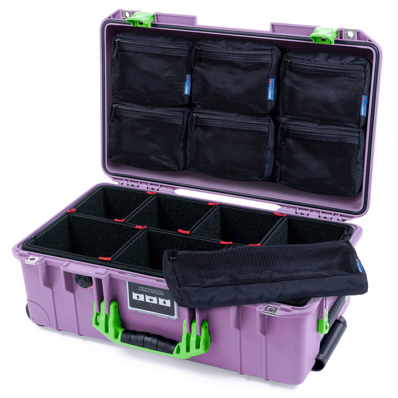 Pelican 1535 Air Case, Lilac with Lime Green Handles & Latches TrekPak Divider System with 7-Piece Removable Mesh Pouches ColorCase 015350-0720-540-301