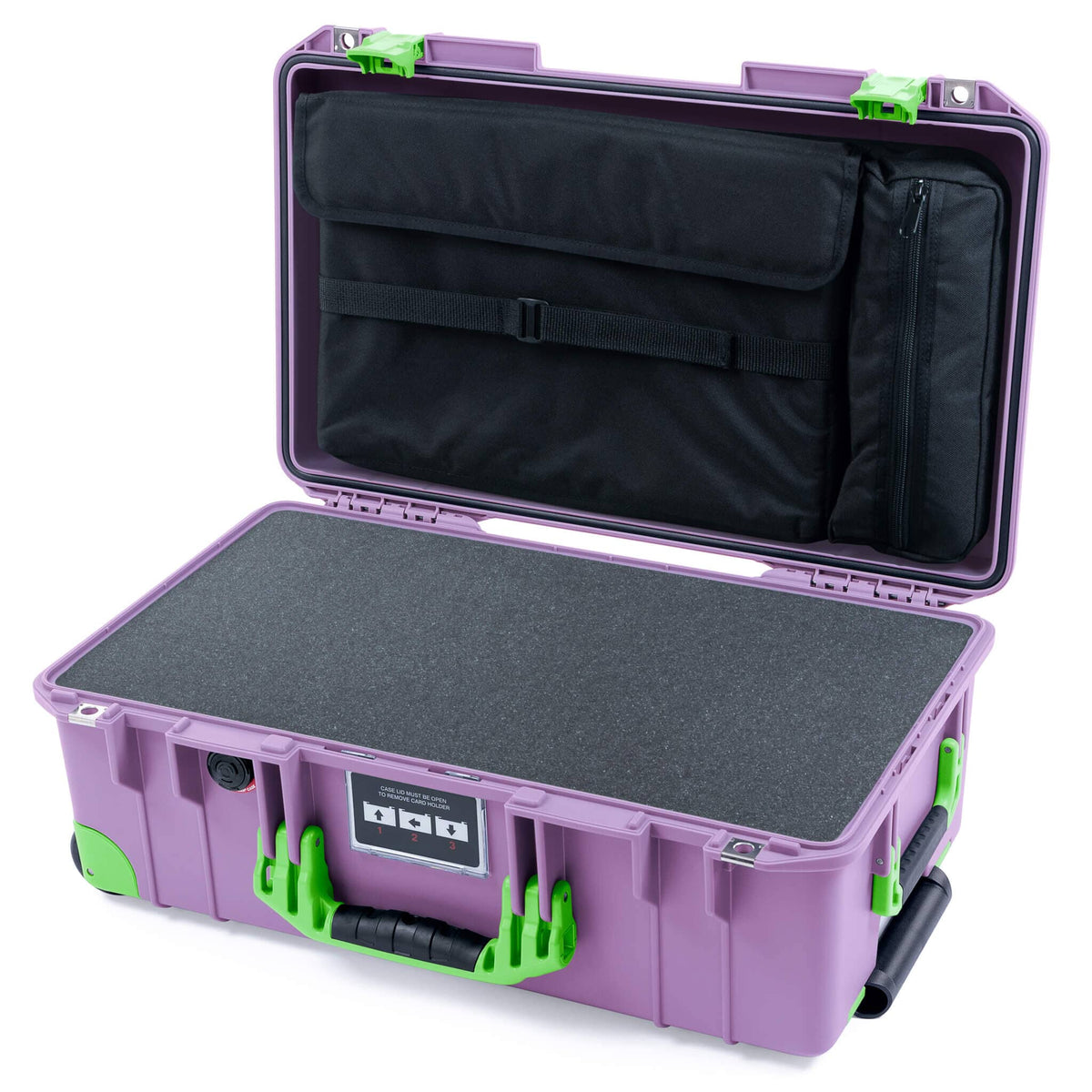Pelican 1535 Air Case, Lilac with Lime Green Handles, Latches &amp; Trolley Pick &amp; Pluck Foam with Laptop Computer Lid Pouch ColorCase 015350-0201-540-301-300