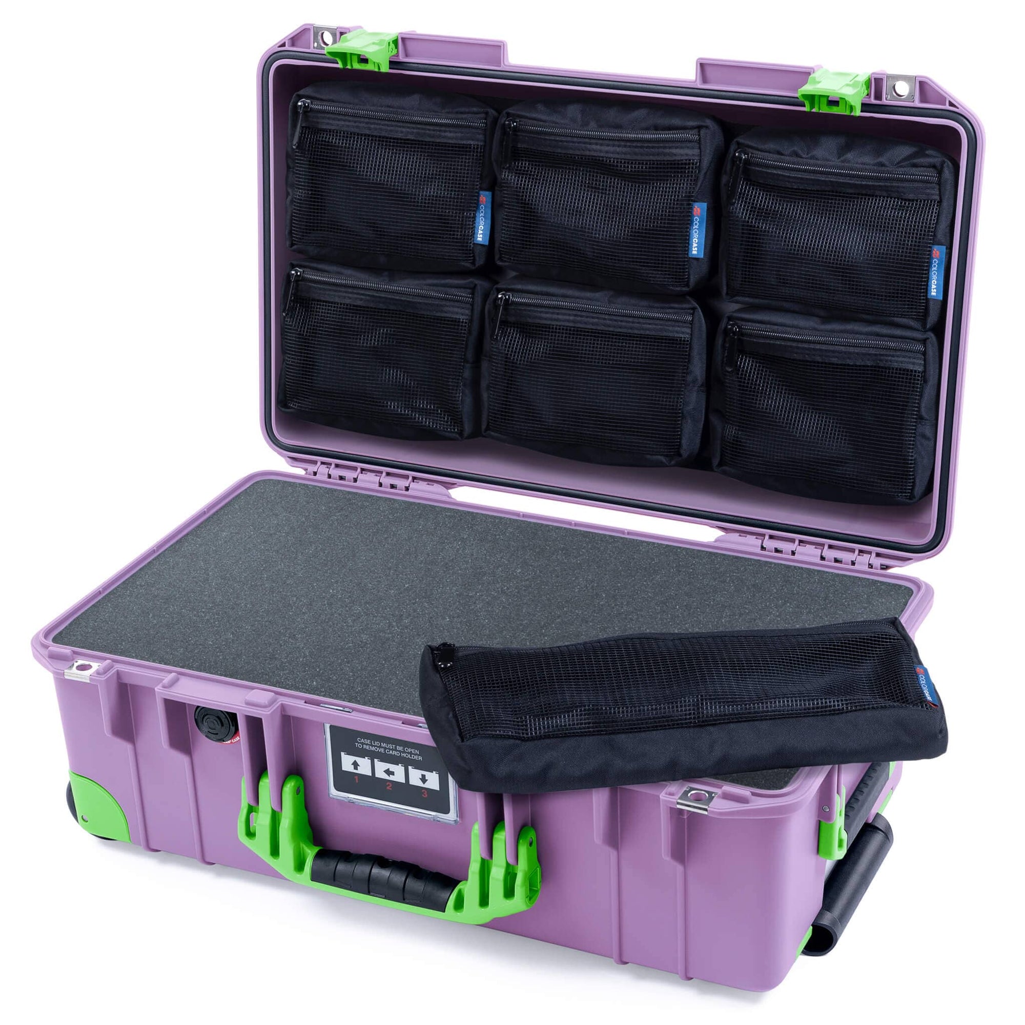 Pelican 1535 Air Case, Lilac with Lime Green Handles, Latches & Trolley Pick & Pluck Foam with 7-Piece Removable Mesh Pouches ColorCase 015350-0701-540-301-300