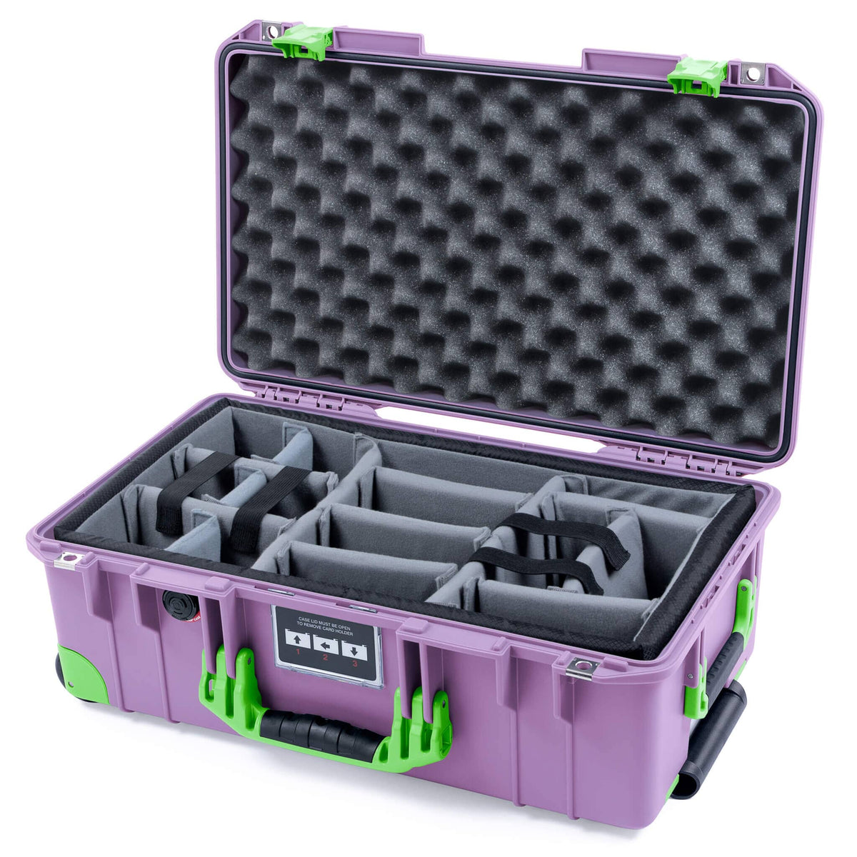 Pelican 1535 Air Case, Lilac with Lime Green Handles, Latches &amp; Trolley Gray Padded Microfiber Dividers with Convoluted Lid Foam ColorCase 015350-0070-540-301-300
