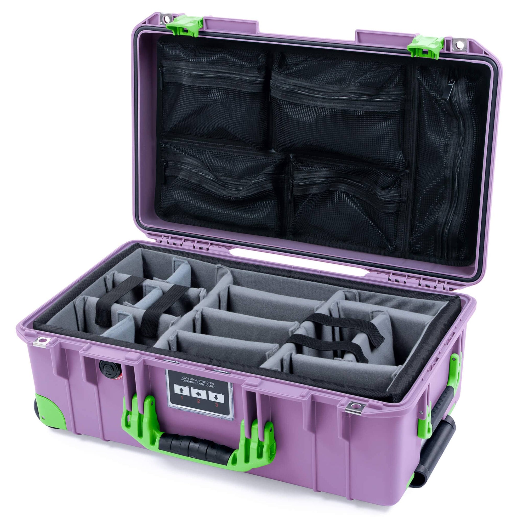 Pelican 1535 Air Case, Lilac with Lime Green Handles, Latches & Trolley Gray Padded Microfiber Dividers with Mesh Lid Organizer ColorCase 015350-0170-540-301-300