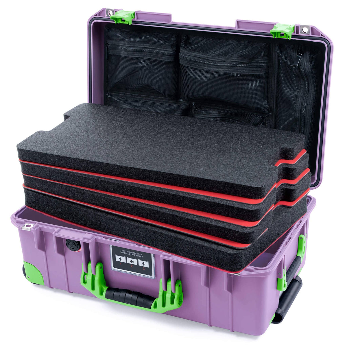 Pelican 1535 Air Case, Lilac with Lime Green Handles, Latches &amp; Trolley Custom Tool Kit (4 Foam Inserts with Mesh Lid Organizer) ColorCase 015350-0160-540-301-300