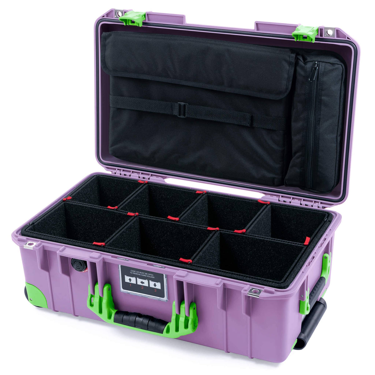 Pelican 1535 Air Case, Lilac with Lime Green Handles, Latches &amp; Trolley TrekPak Divider System with Laptop Computer Lid Pouch ColorCase 015350-0220-540-301-300