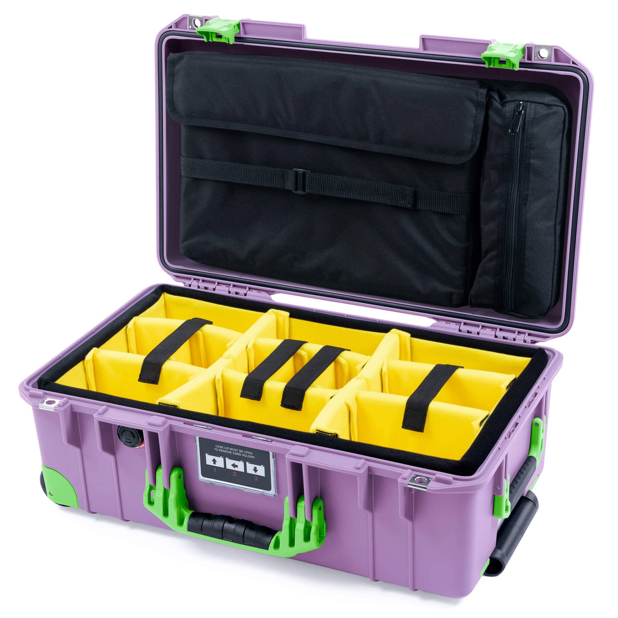 Pelican 1535 Air Case, Lilac with Lime Green Handles, Latches & Trolley Yellow Padded Microfiber Dividers with Laptop Computer Lid Pouch ColorCase 015350-0210-540-301-300