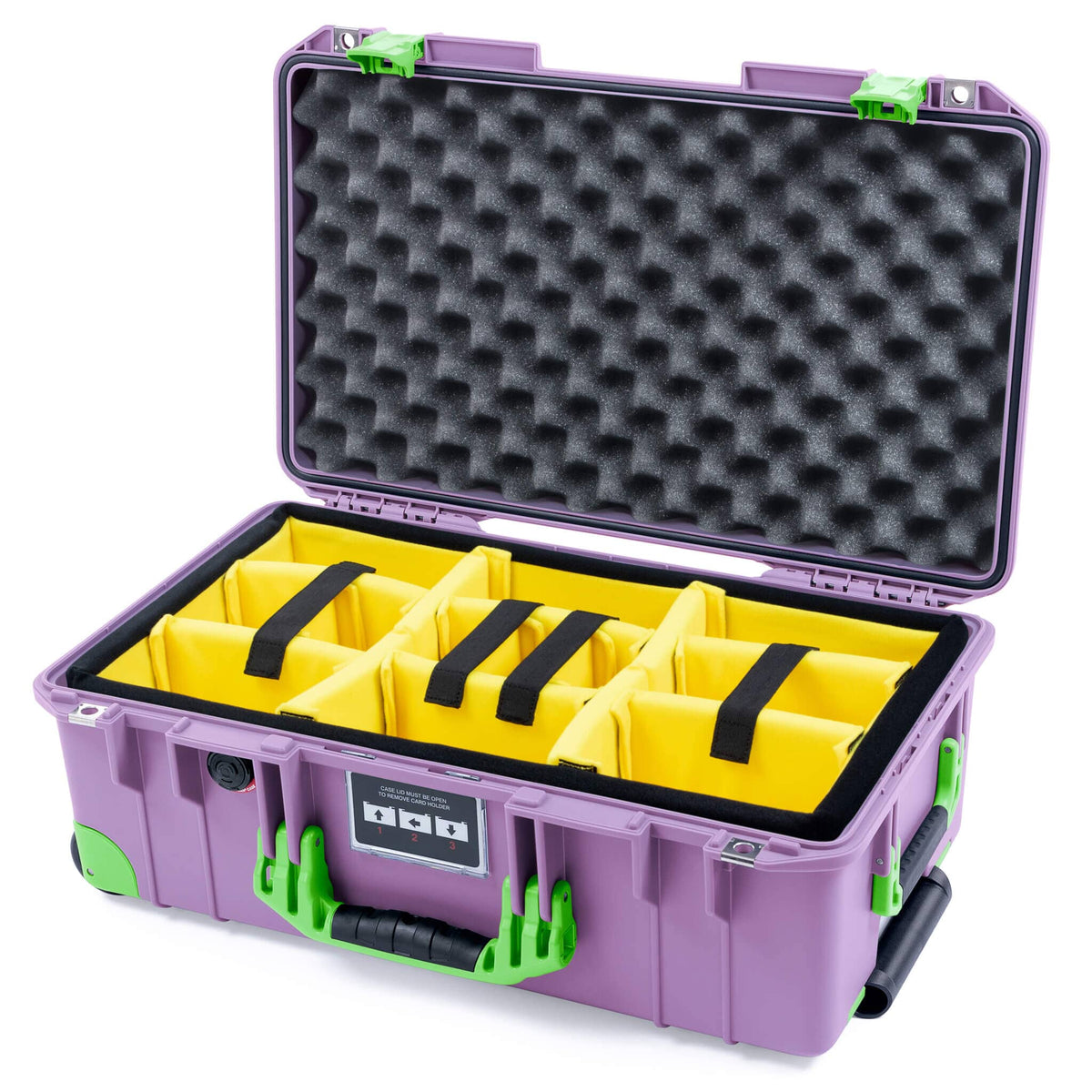 Pelican 1535 Air Case, Lilac with Lime Green Handles, Latches &amp; Trolley Yellow Padded Microfiber Dividers with Convoluted Lid Foam ColorCase 015350-0010-540-301-300