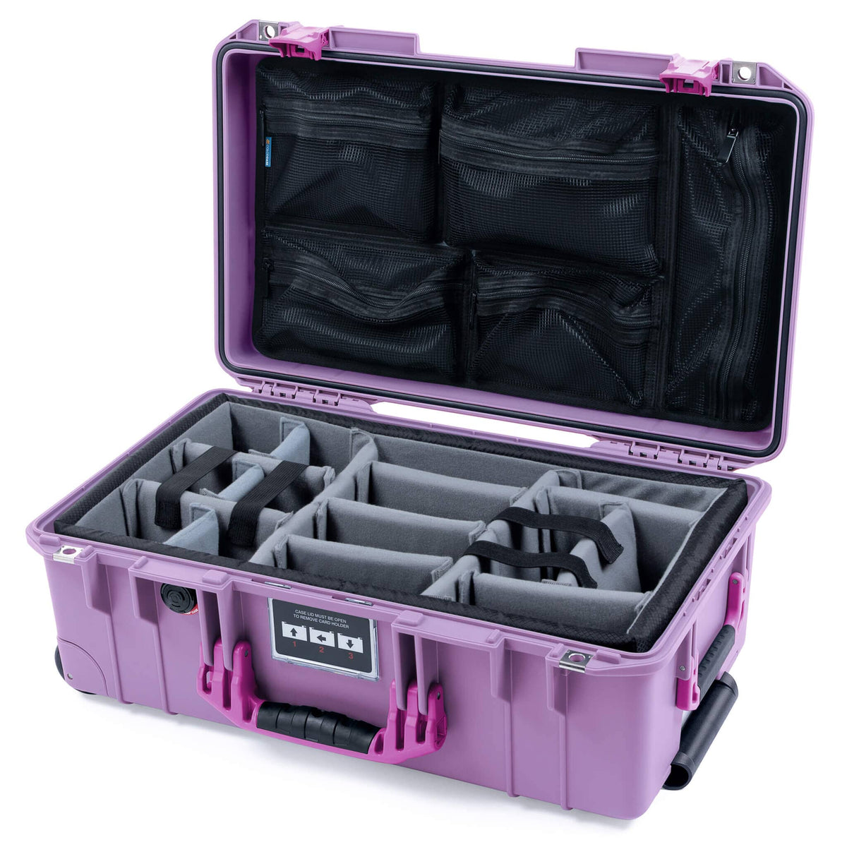Pelican 1535 Air Case, Lilac with Magenta Handles &amp; Latches Gray Padded Microfiber Dividers with Mesh Lid Organizer ColorCase 015350-0170-540-401