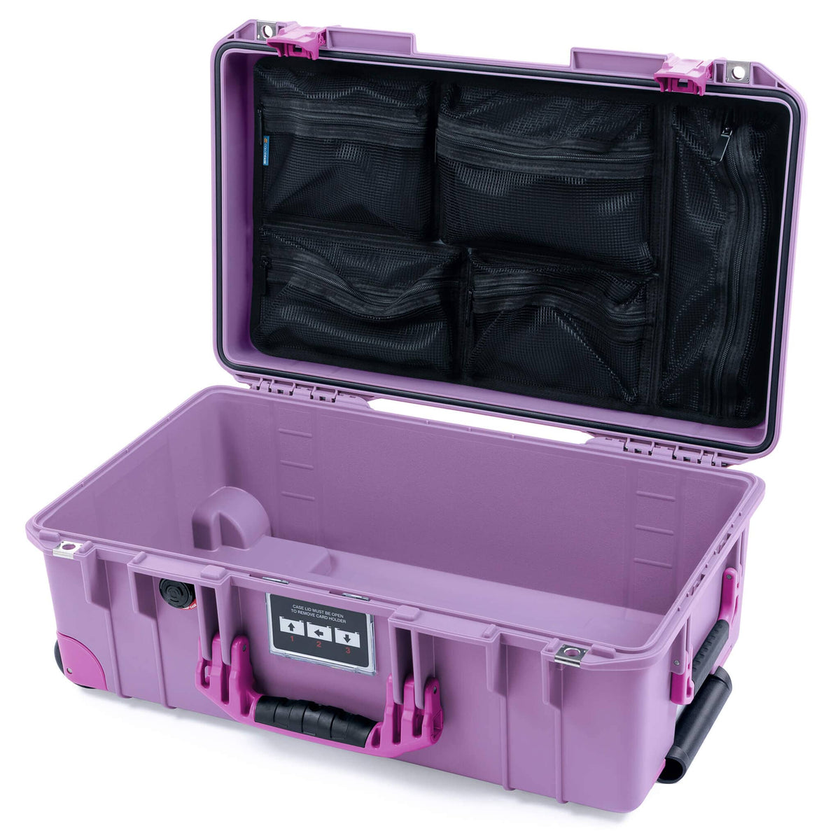 Pelican 1535 Air Case, Lilac with Magenta Handles, Latches &amp; Trolley Mesh Lid Organizer Only ColorCase 015350-0100-540-401-400