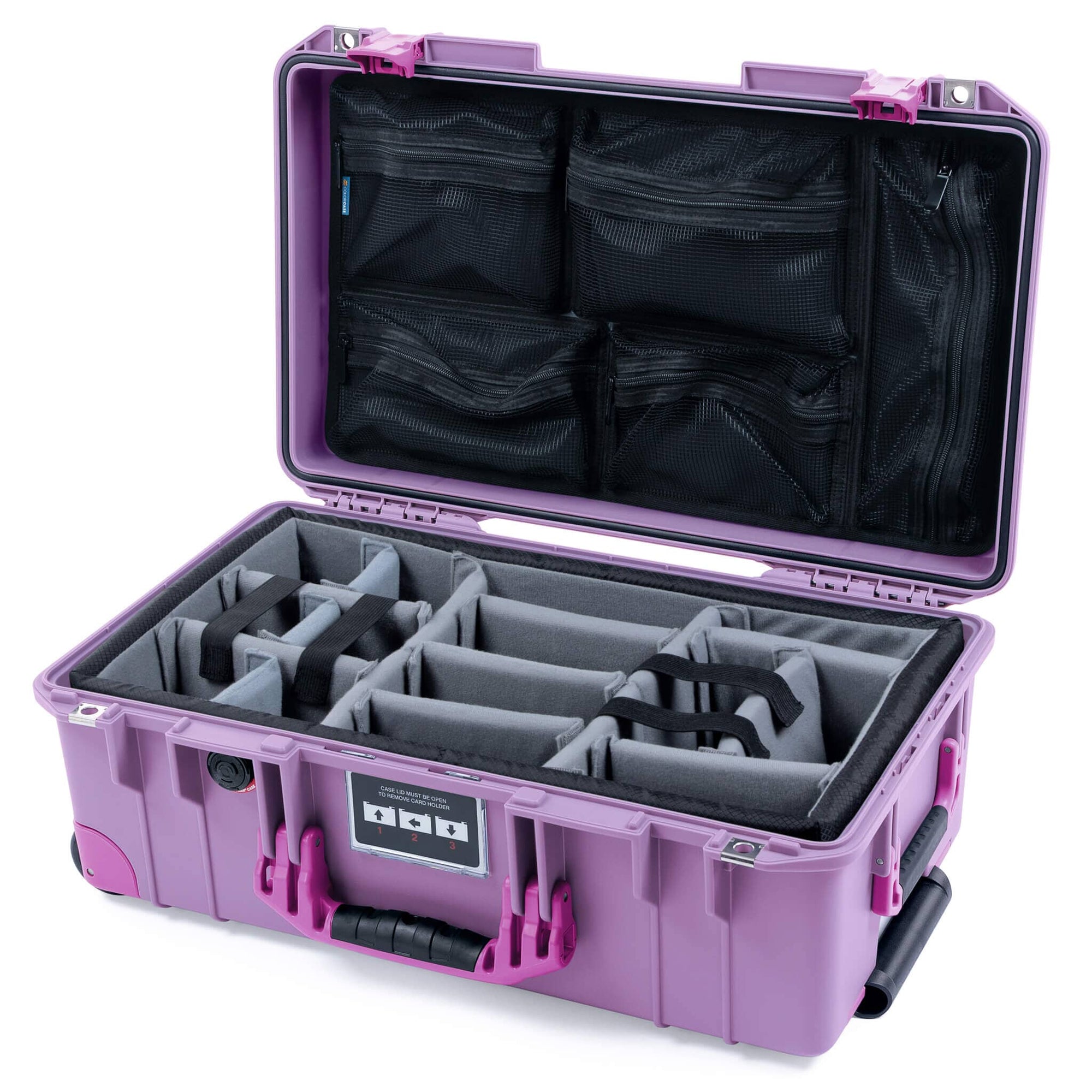 Pelican 1535 Air Case, Lilac with Magenta Handles, Latches & Trolley Gray Padded Microfiber Dividers with Mesh Lid Organizer ColorCase 015350-0170-540-401-400