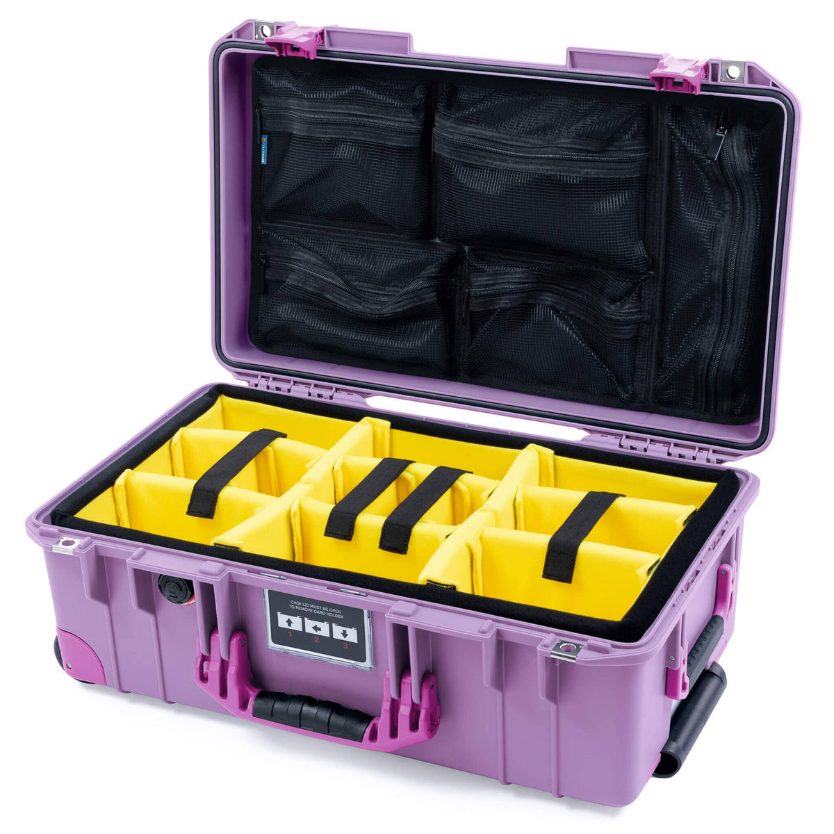 Pelican 1535 Air Case, Lilac with Magenta Handles, Latches &amp; Trolley Yellow Padded Microfiber Dividers with Mesh Lid Organizer ColorCase 015350-0110-540-401-400