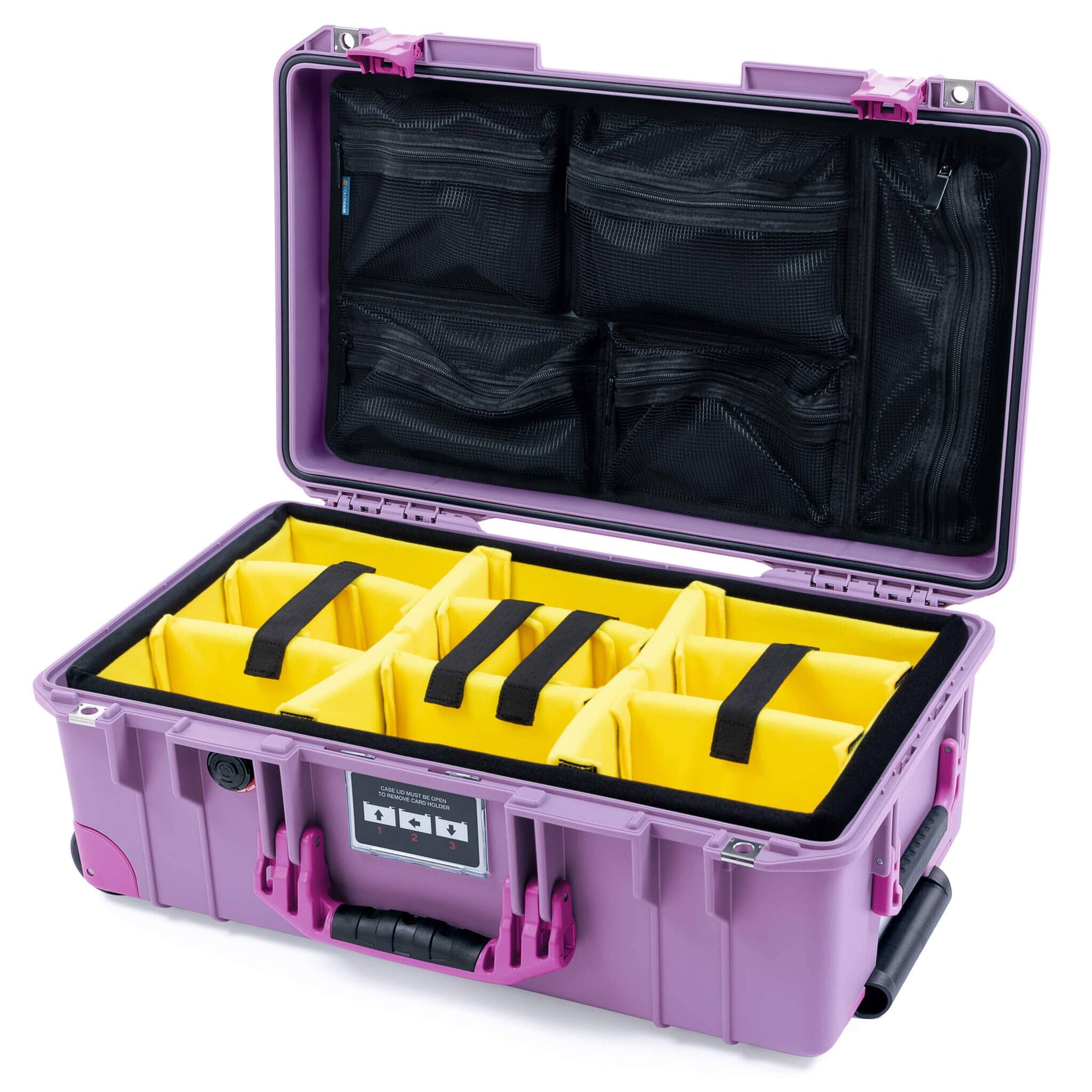 Pelican 1535 Air Case, Lilac with Magenta Handles, Latches & Trolley Yellow Padded Microfiber Dividers with Mesh Lid Organizer ColorCase 015350-0110-540-401-400