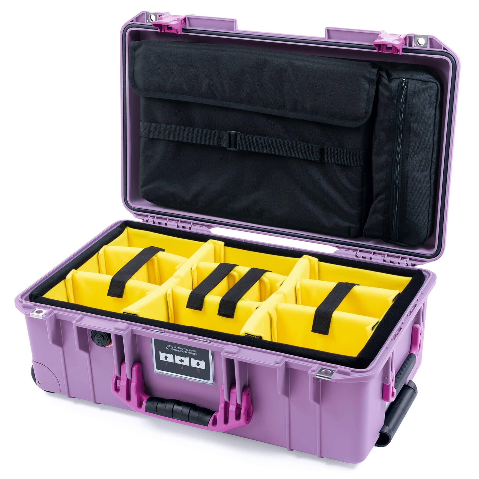 Pelican 1535 Air Case, Lilac with Magenta Handles & Latches Yellow Padded Microfiber Dividers with Laptop Computer Lid Pouch ColorCase 015350-0210-540-401
