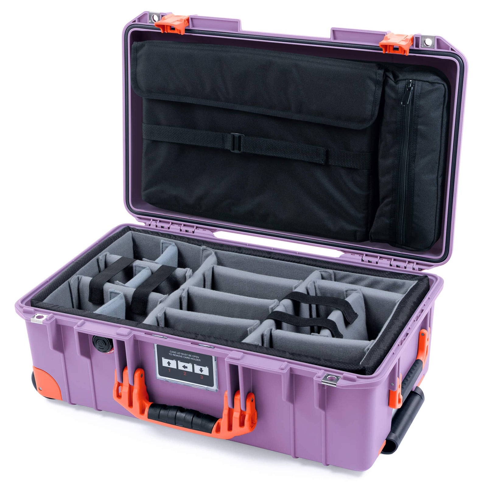 Pelican 1535 Air Case, Lilac with Orange Handles, Latches & Trolley Gray Padded Microfiber Dividers with Laptop Computer Lid Pouch ColorCase 015350-0270-540-151-150