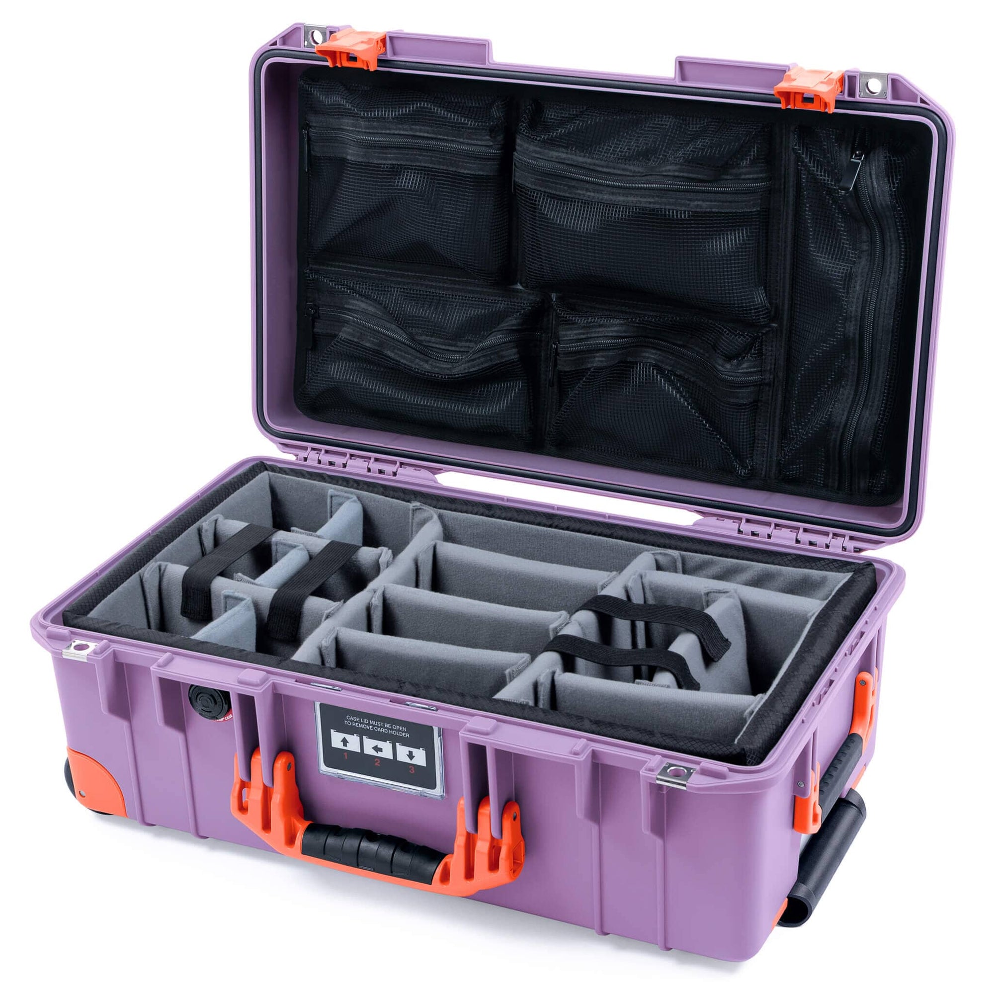 Pelican 1535 Air Case, Lilac with Orange Handles, Latches & Trolley Gray Padded Microfiber Dividers with Mesh Lid Organizer ColorCase 015350-0170-540-151-150