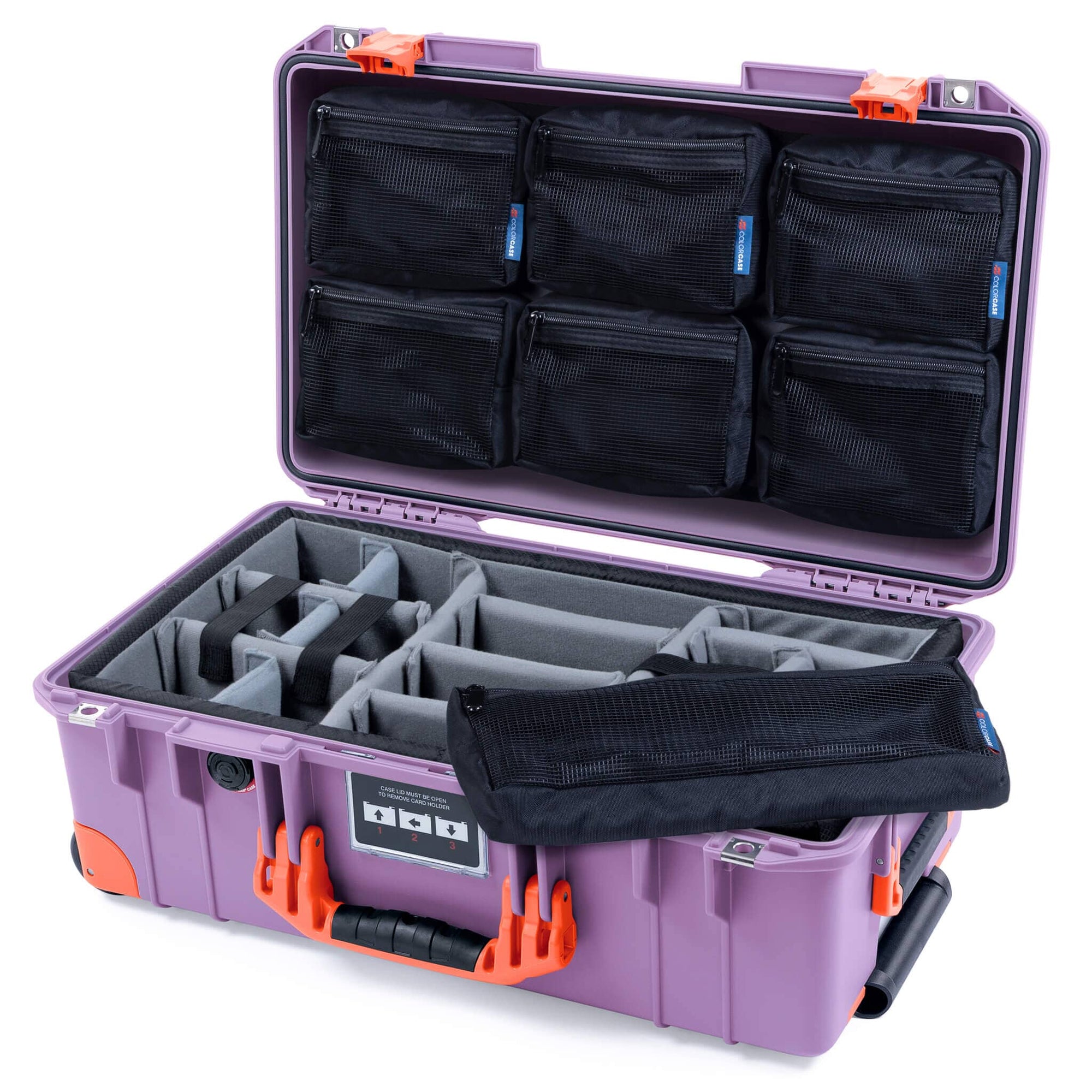 Pelican 1535 Air Case, Lilac with Orange Handles, Latches & Trolley Gray Padded Microfiber Dividers with 7-Piece Removable Mesh Pouches ColorCase 015350-0770-540-151-150