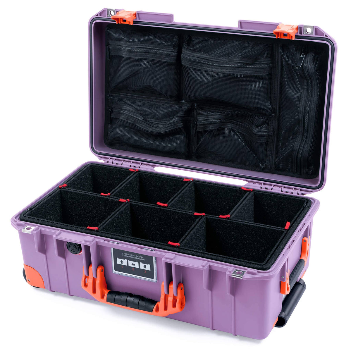 Pelican 1535 Air Case, Lilac with Orange Handles, Latches &amp; Trolley TrekPak Divider System with Mesh Lid Organizer ColorCase 015350-0120-540-151-150