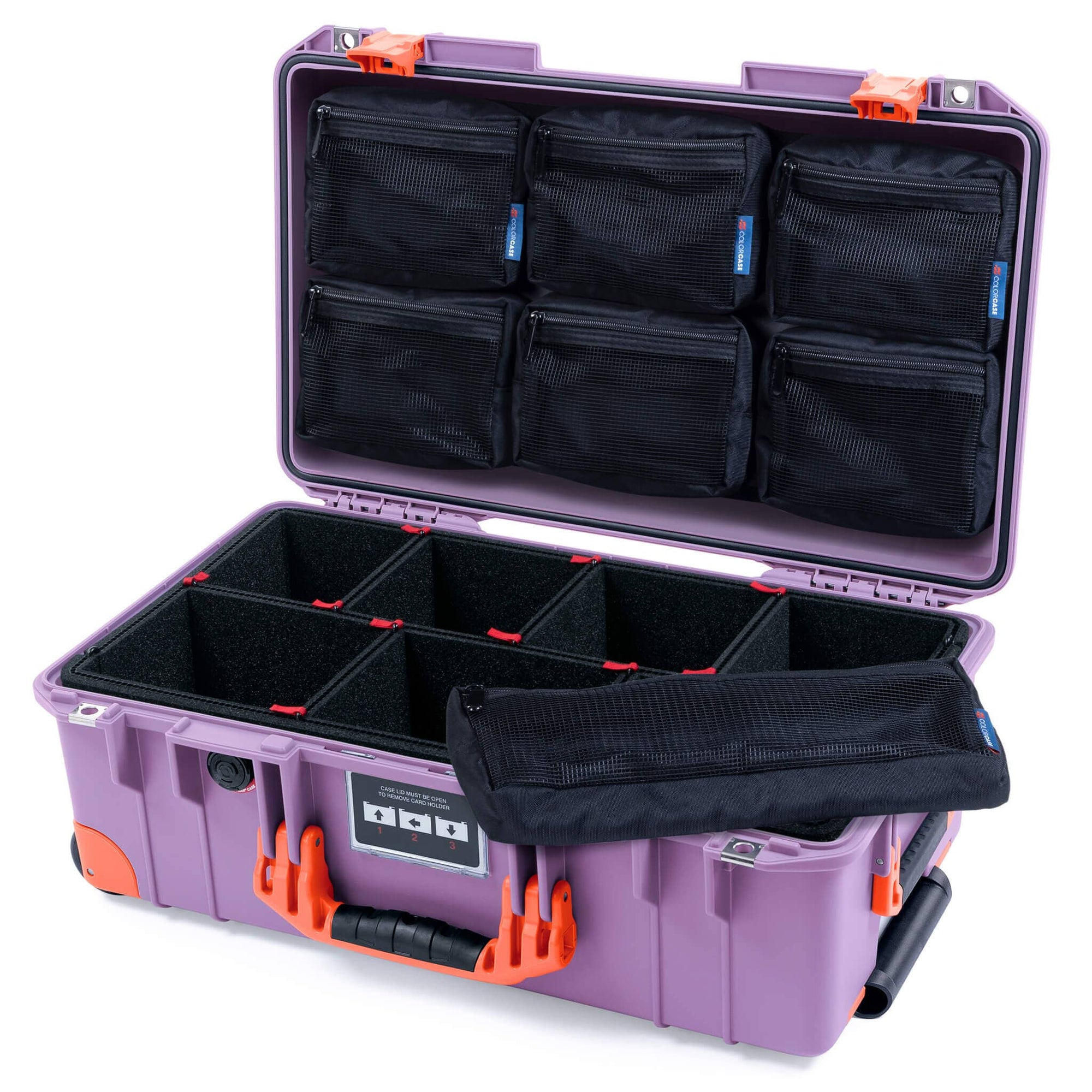 Pelican 1535 Air Case, Lilac with Orange Handles, Latches & Trolley TrekPak Divider System with 7-Piece Removable Mesh Pouches ColorCase 015350-0720-540-151-150