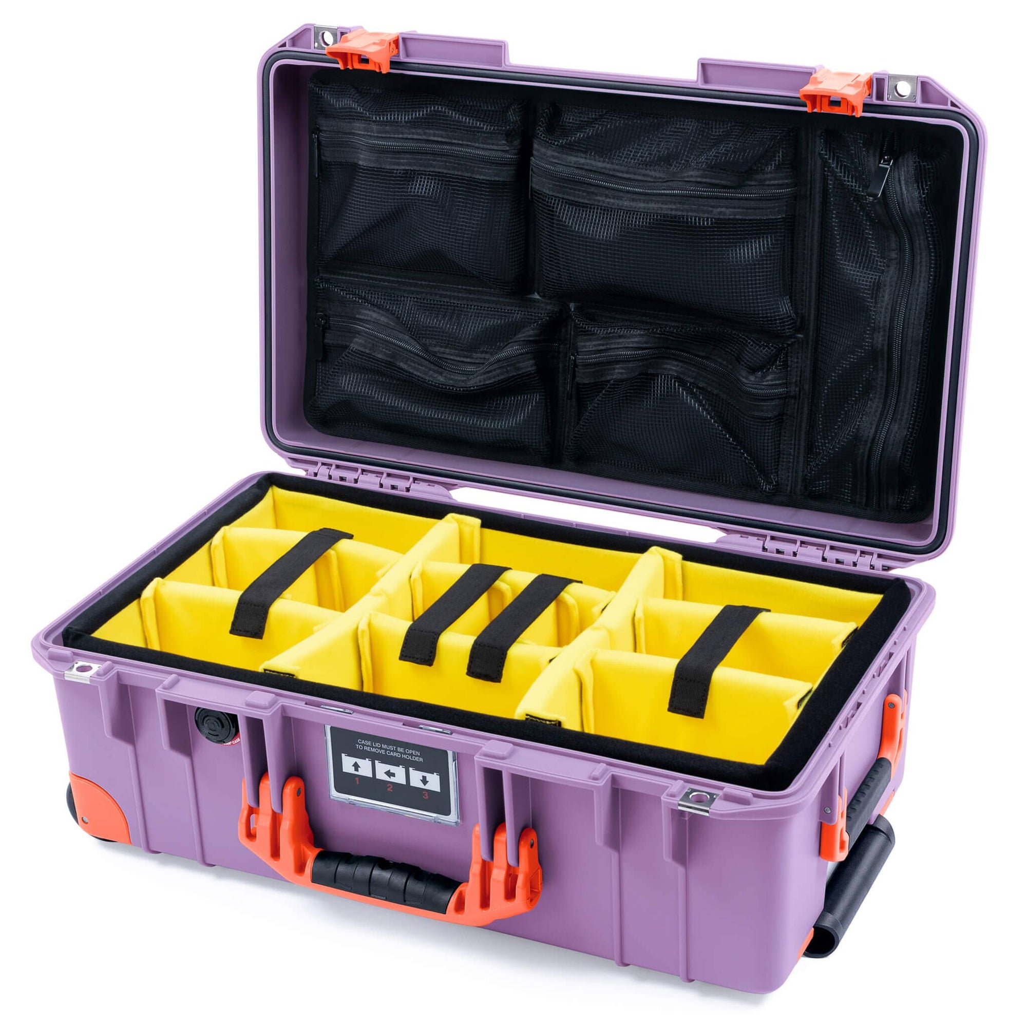 Pelican 1535 Air Case, Lilac with Orange Handles, Latches & Trolley Yellow Padded Microfiber Dividers with Mesh Lid Organizer ColorCase 015350-0110-540-151-150