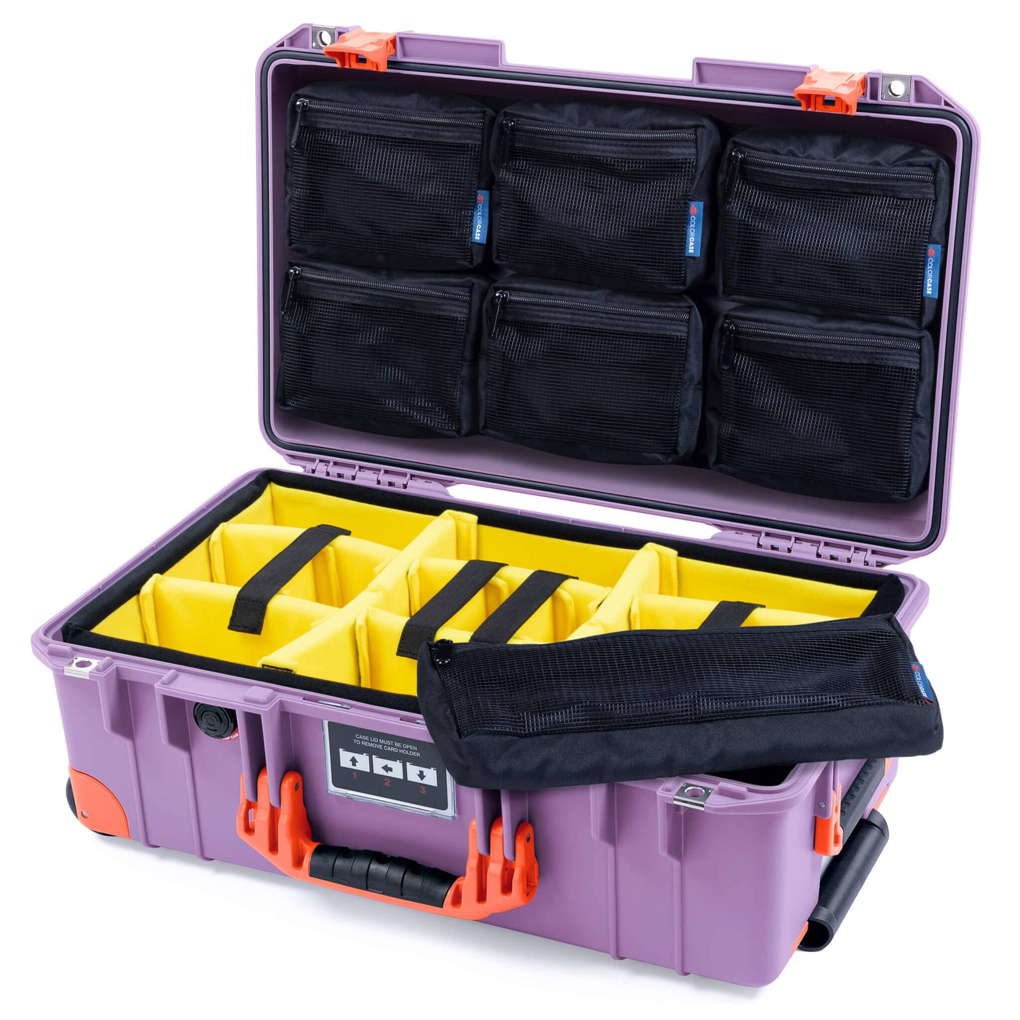 Pelican 1535 Air Case, Lilac with Orange Handles, Latches & Trolley Yellow Padded Microfiber Dividers with 7-Piece Removable Mesh Pouches ColorCase 015350-0710-540-151-150