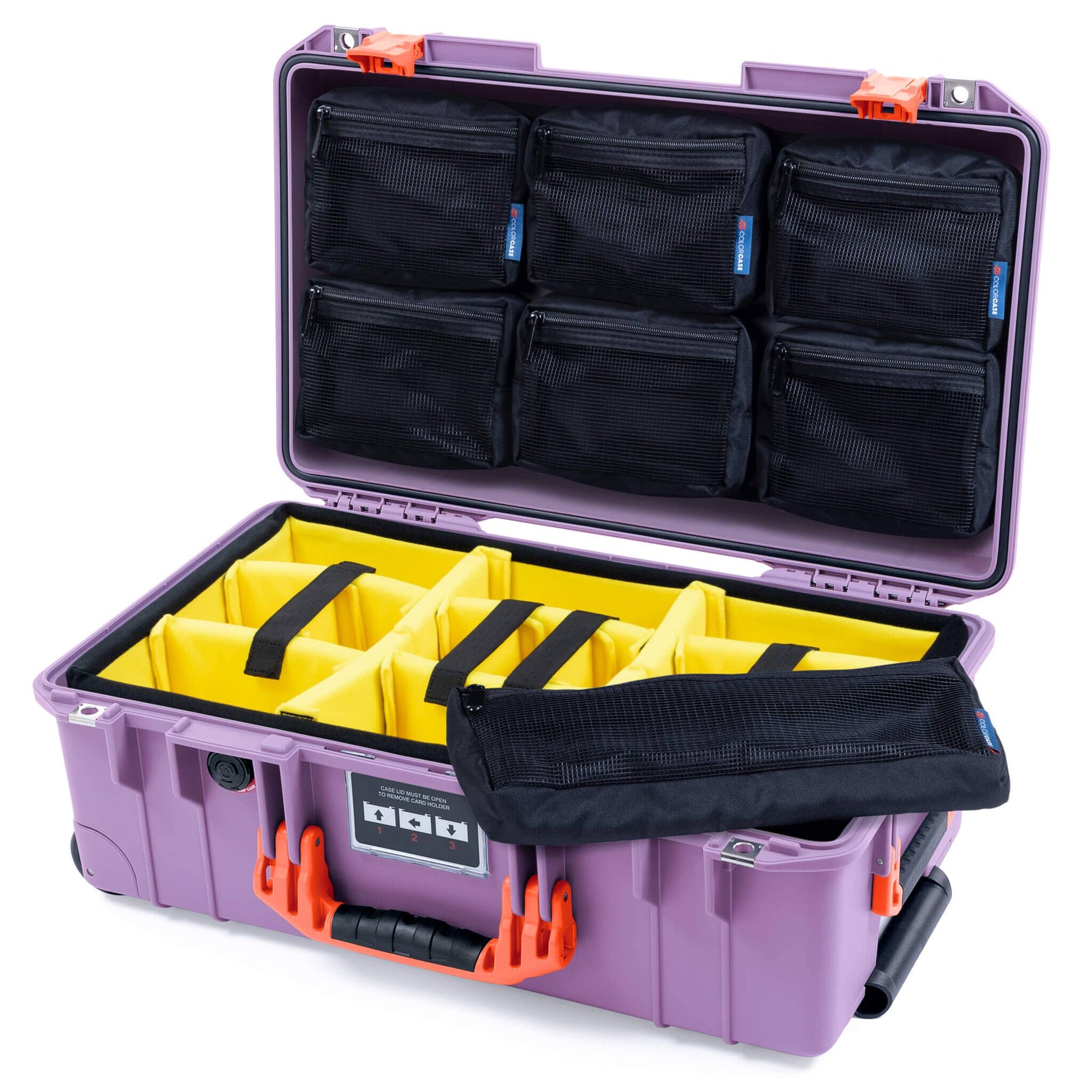 Pelican 1535 Air Case, Lilac with Orange Handles & Latches Yellow Padded Microfiber Dividers with 7-Piece Removable Mesh Pouches ColorCase 015350-0710-540-151