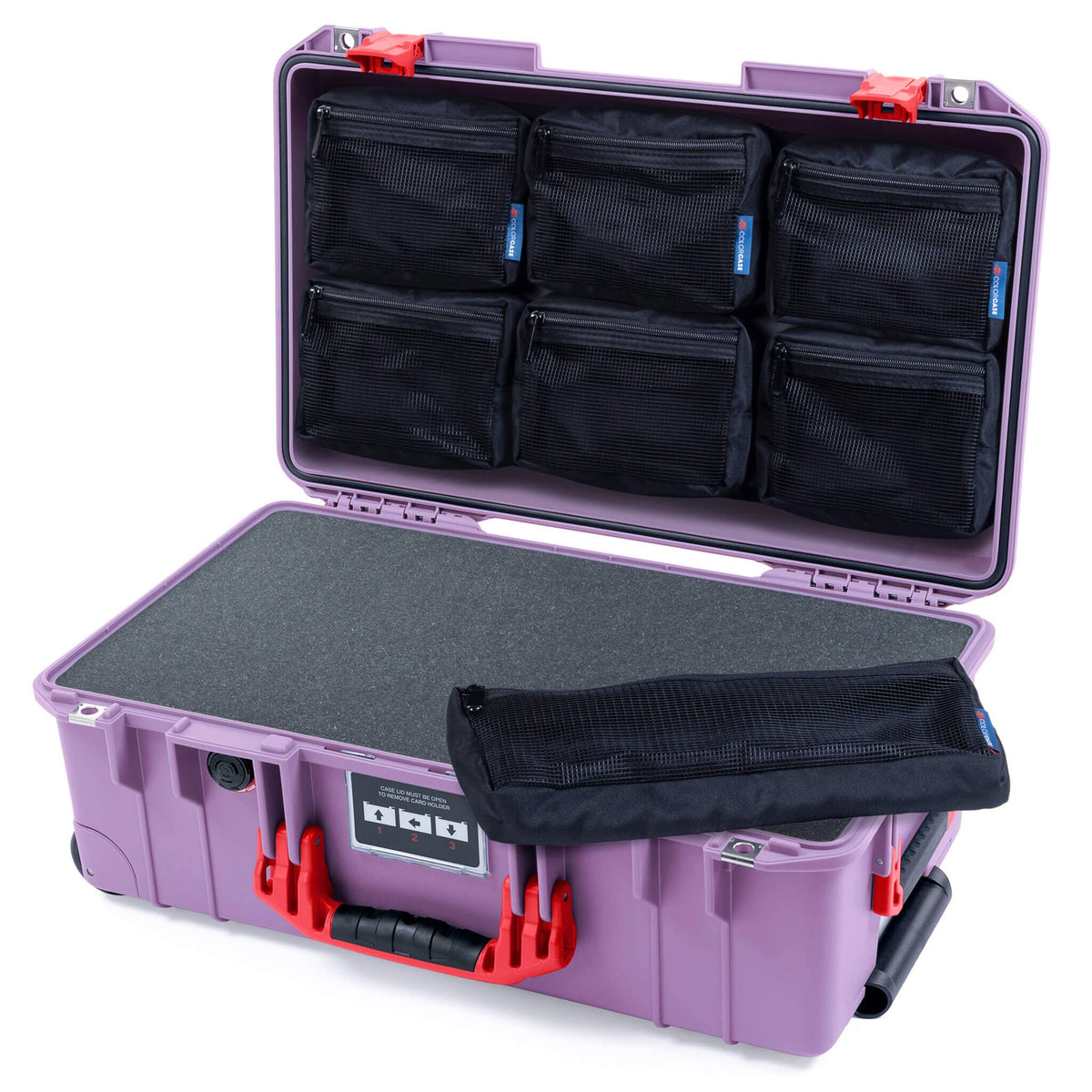 Pelican 1535 Air Case, Lilac with Red Handles &amp; Latches Pick &amp; Pluck Foam with 7-Piece Removable Mesh Pouches ColorCase 015350-0701-540-321