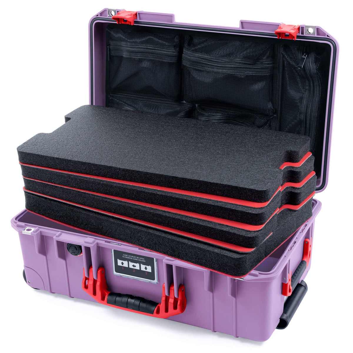 Pelican 1535 Air Case, Lilac with Red Handles &amp; Latches Custom Tool Kit (4 Foam Inserts with Mesh Lid Organizer) ColorCase 015350-0160-540-321