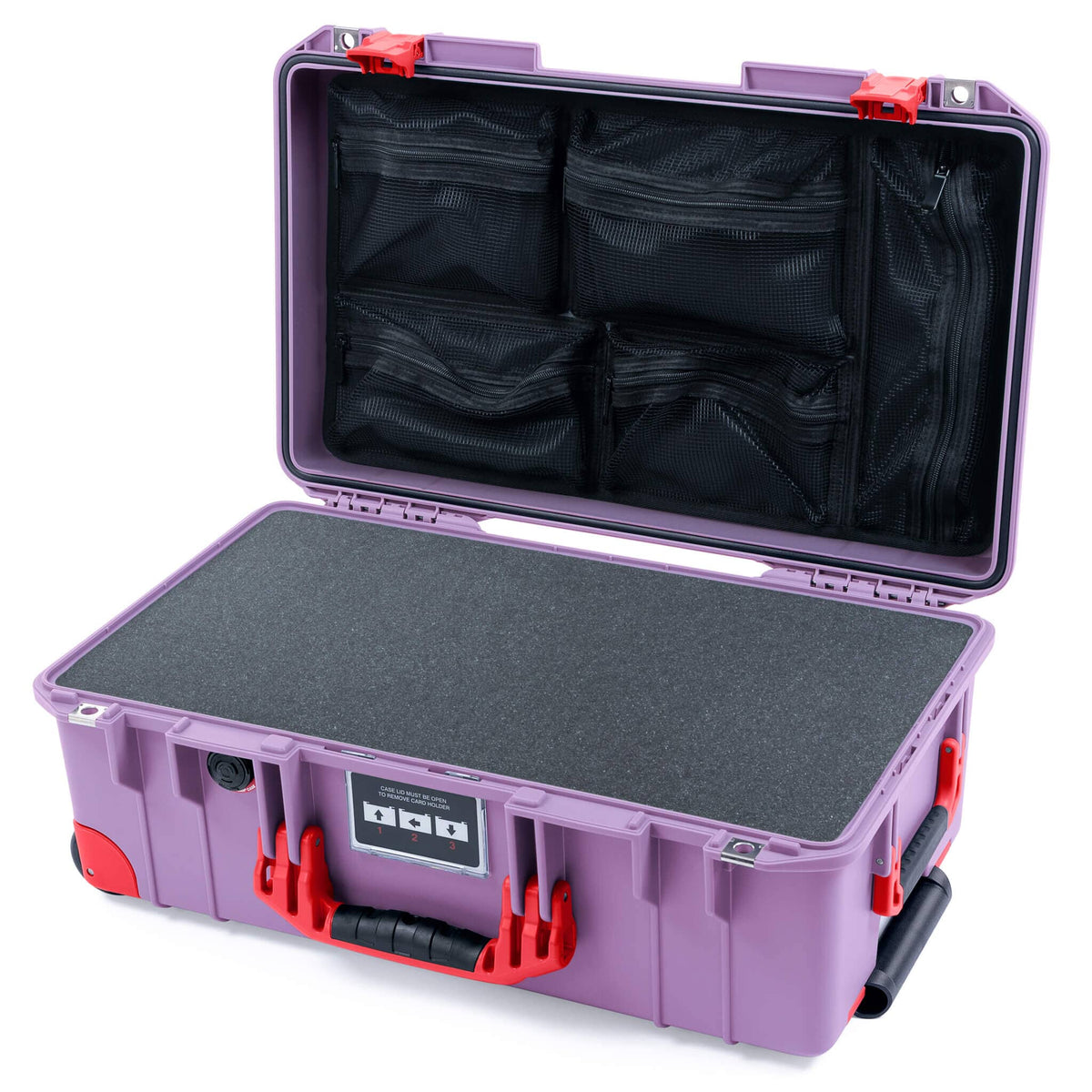 Pelican 1535 Air Case, Lilac with Red Handles, Latches &amp; Trolley Pick &amp; Pluck Foam with Mesh Lid Organizer ColorCase 015350-0101-540-321-320