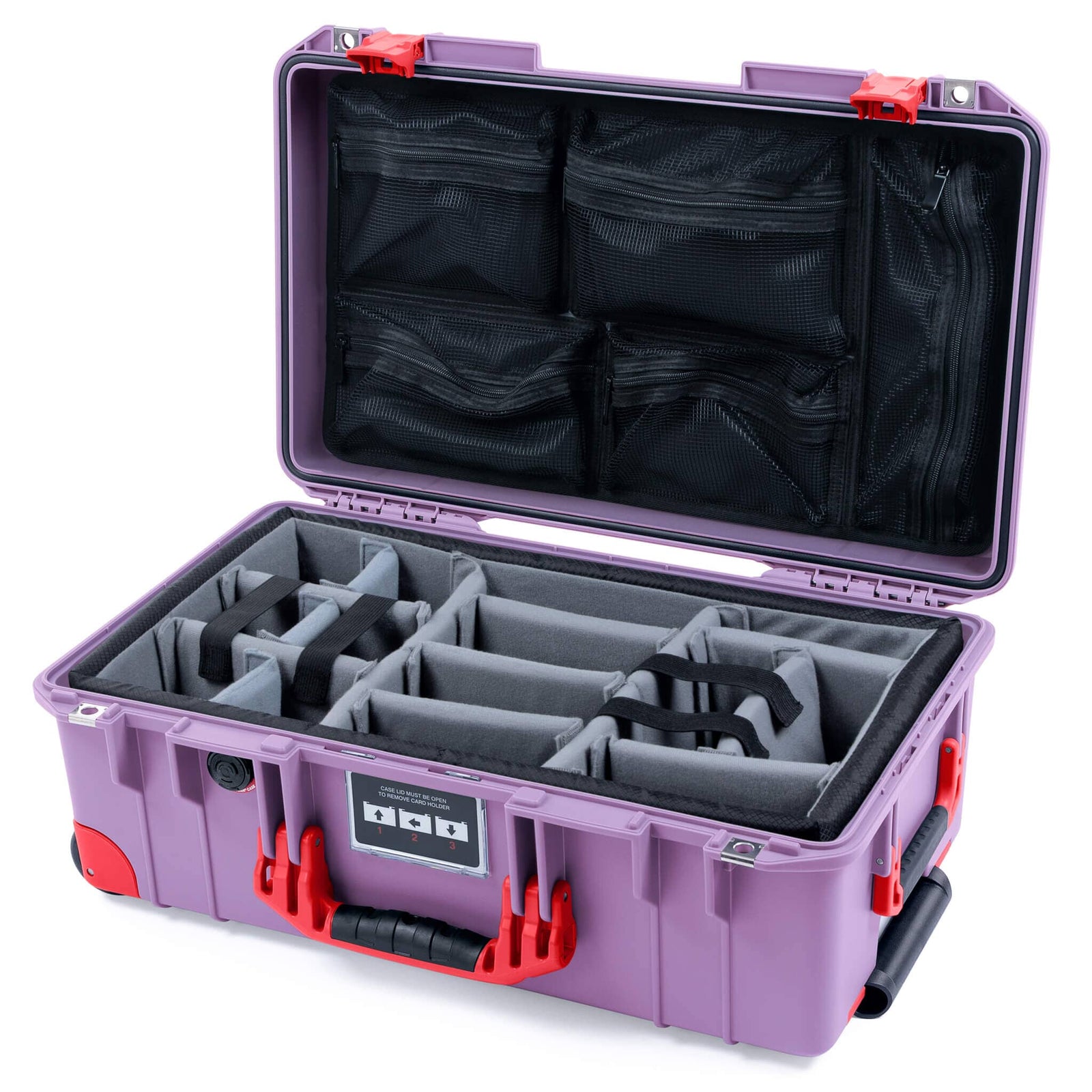 Pelican 1535 Air Case, Lilac with Red Handles, Latches & Trolley Gray Padded Microfiber Dividers with Mesh Lid Organizer ColorCase 015350-0170-540-321-320