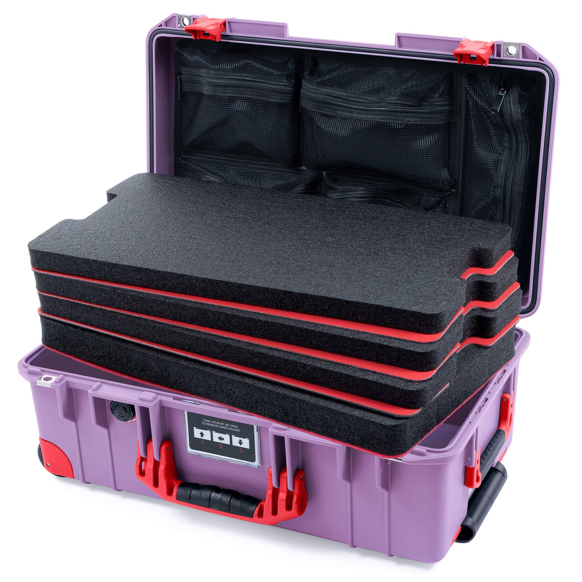 Pelican 1535 Air Case, Lilac with Red Handles, Latches & Trolley Custom Tool Kit (4 Foam Inserts with Mesh Lid Organizer) ColorCase 015350-0160-540-321-320