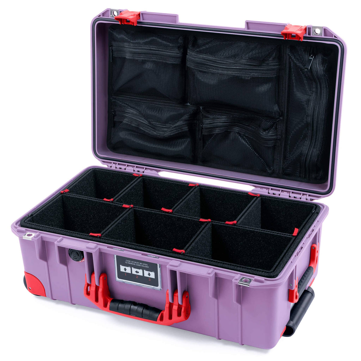 Pelican 1535 Air Case, Lilac with Red Handles, Latches &amp; Trolley TrekPak Divider System with Mesh Lid Organizer ColorCase 015350-0120-540-321-320