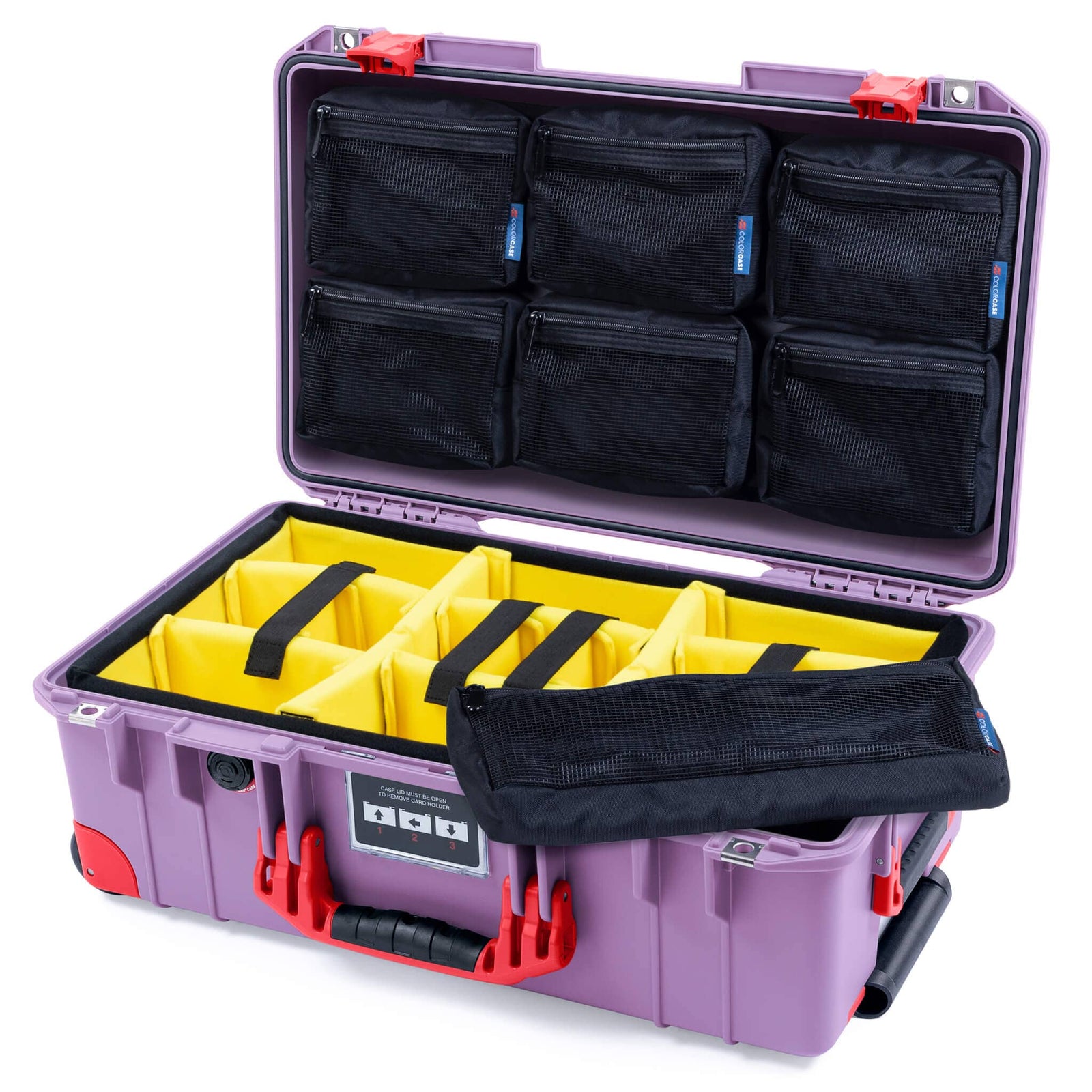 Pelican 1535 Air Case, Lilac with Red Handles, Latches & Trolley Yellow Padded Microfiber Dividers with 7-Piece Removable Mesh Pouches ColorCase 015350-0710-540-321-320