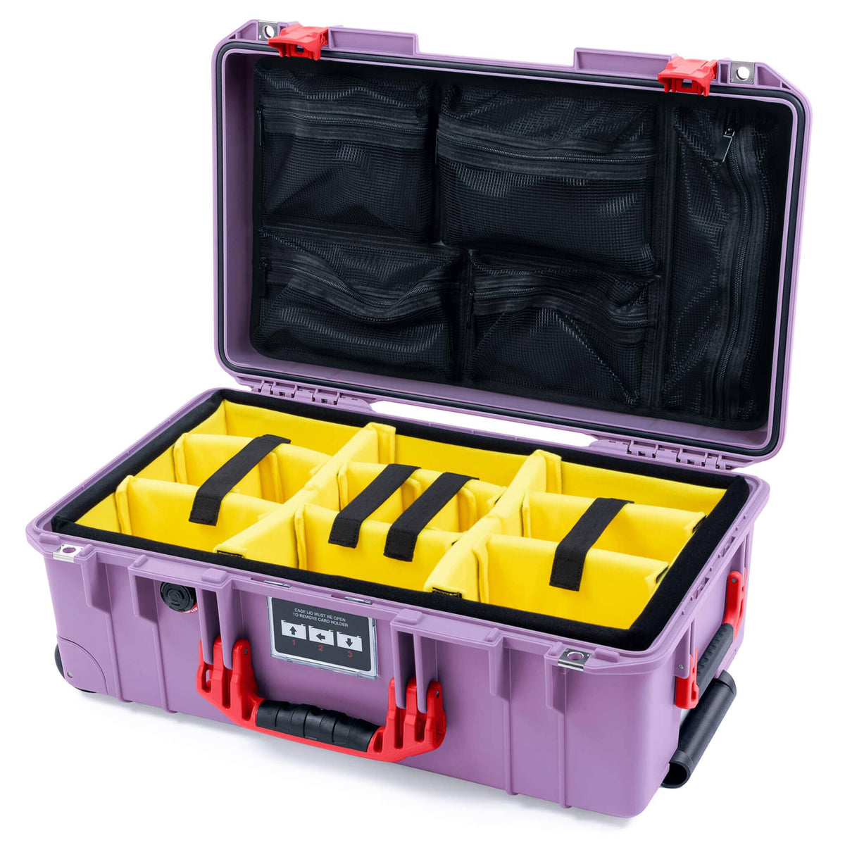 Pelican 1535 Air Case, Lilac with Red Handles &amp; Latches Yellow Padded Microfiber Dividers with Mesh Lid Organizer ColorCase 015350-0110-540-321