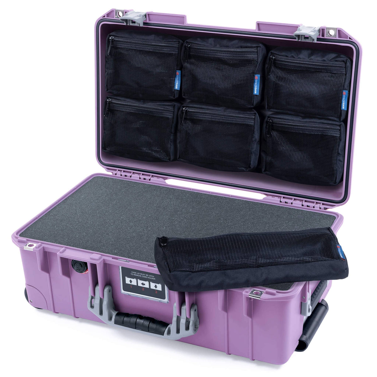 Pelican 1535 Air Case, Lilac with Silver Handles &amp; Latches Pick &amp; Pluck Foam with 7-Piece Removable Mesh Pouches ColorCase 015350-0701-540-181