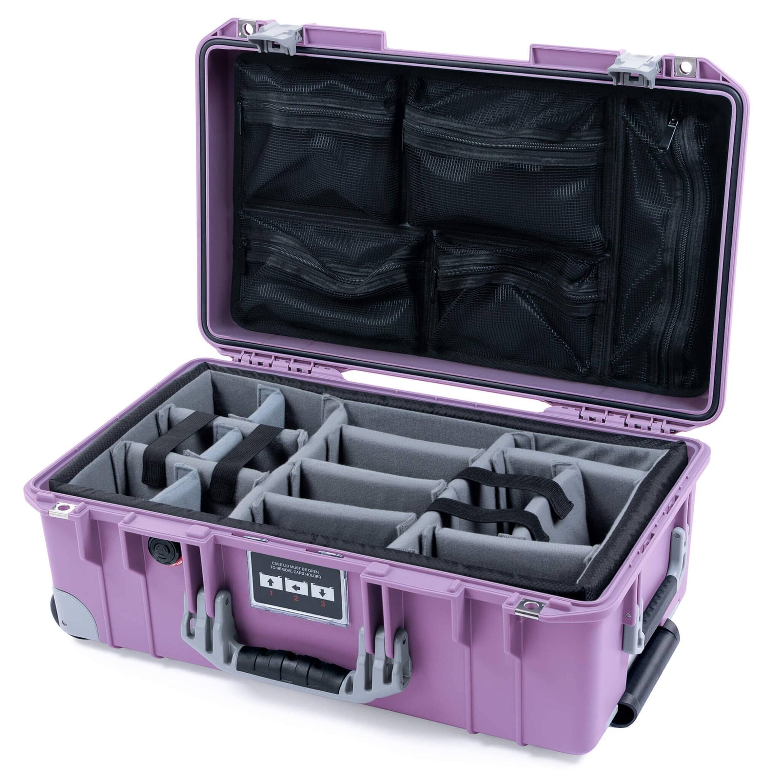 Pelican 1535 Air Case, Lilac with Silver Handles, Latches & Trolley Gray Padded Microfiber Dividers with Mesh Lid Organizer ColorCase 015350-0170-540-181-180