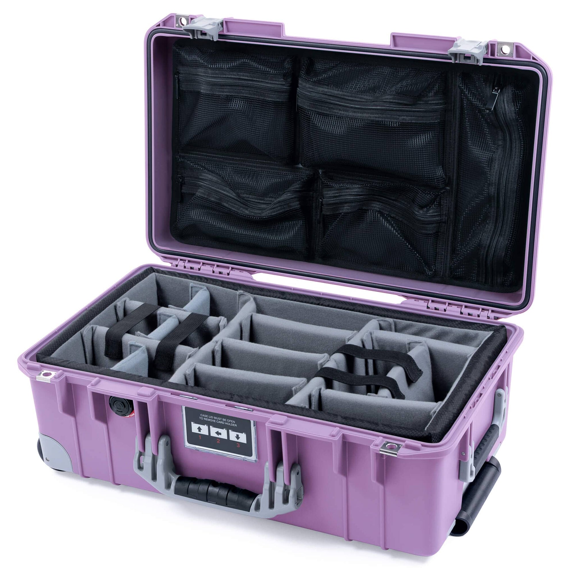 Pelican 1535 Air Case, Lilac with Silver Handles, Latches & Trolley Gray Padded Microfiber Dividers with Mesh Lid Organizer ColorCase 015350-0170-540-181-180