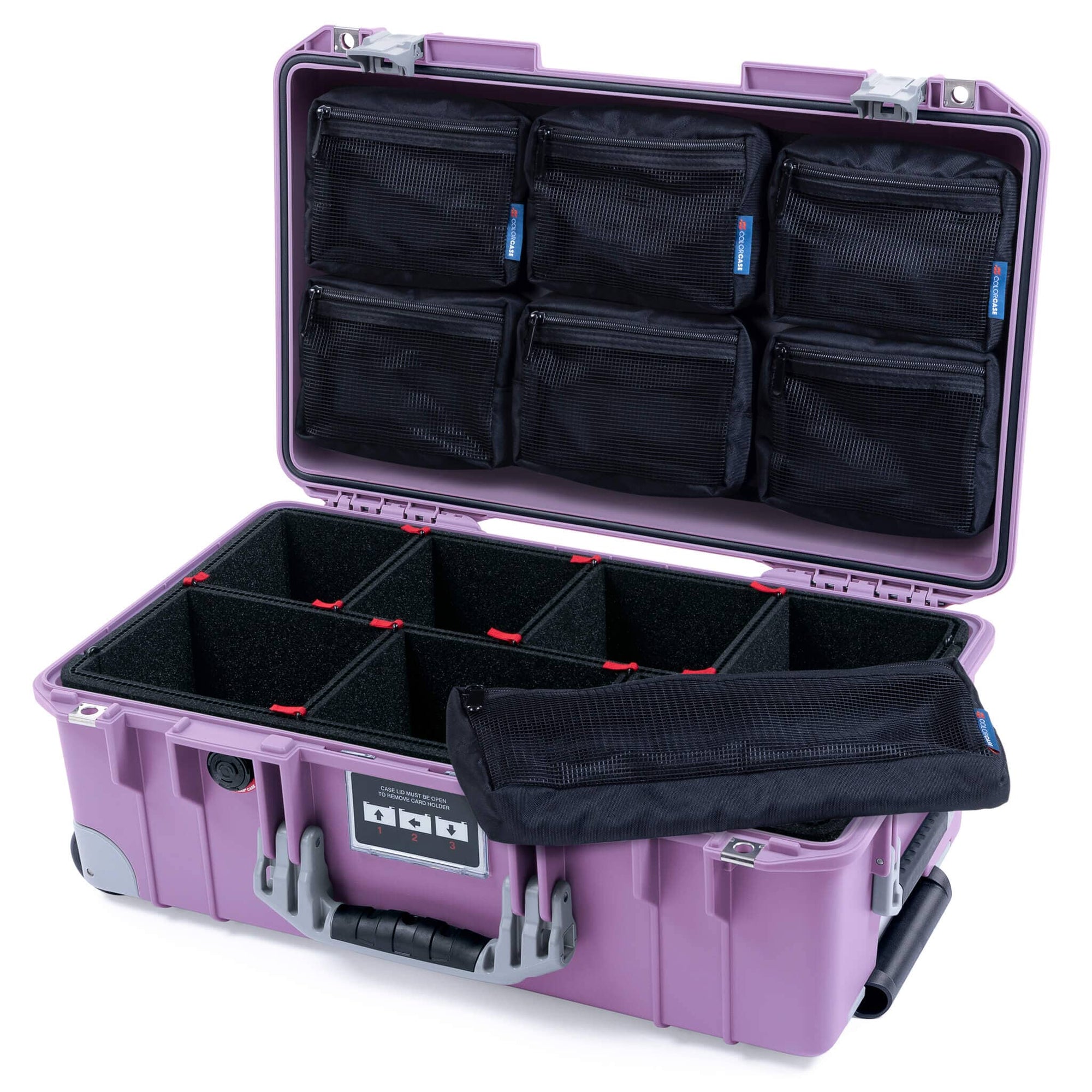Pelican 1535 Air Case, Lilac with Silver Handles, Latches & Trolley TrekPak Divider System with 7-Piece Removable Mesh Pouches ColorCase 015350-0720-540-181-180