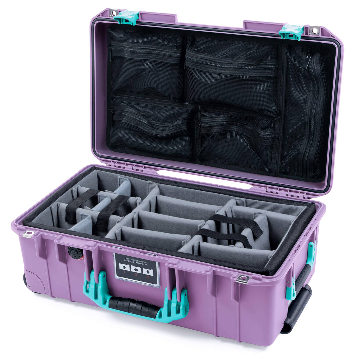 Pelican 1535 Air Case, Lilac with Teal Handles &amp; Latches Gray Padded Microfiber Dividers with Mesh Lid Organizer ColorCase 015350-0170-540-591