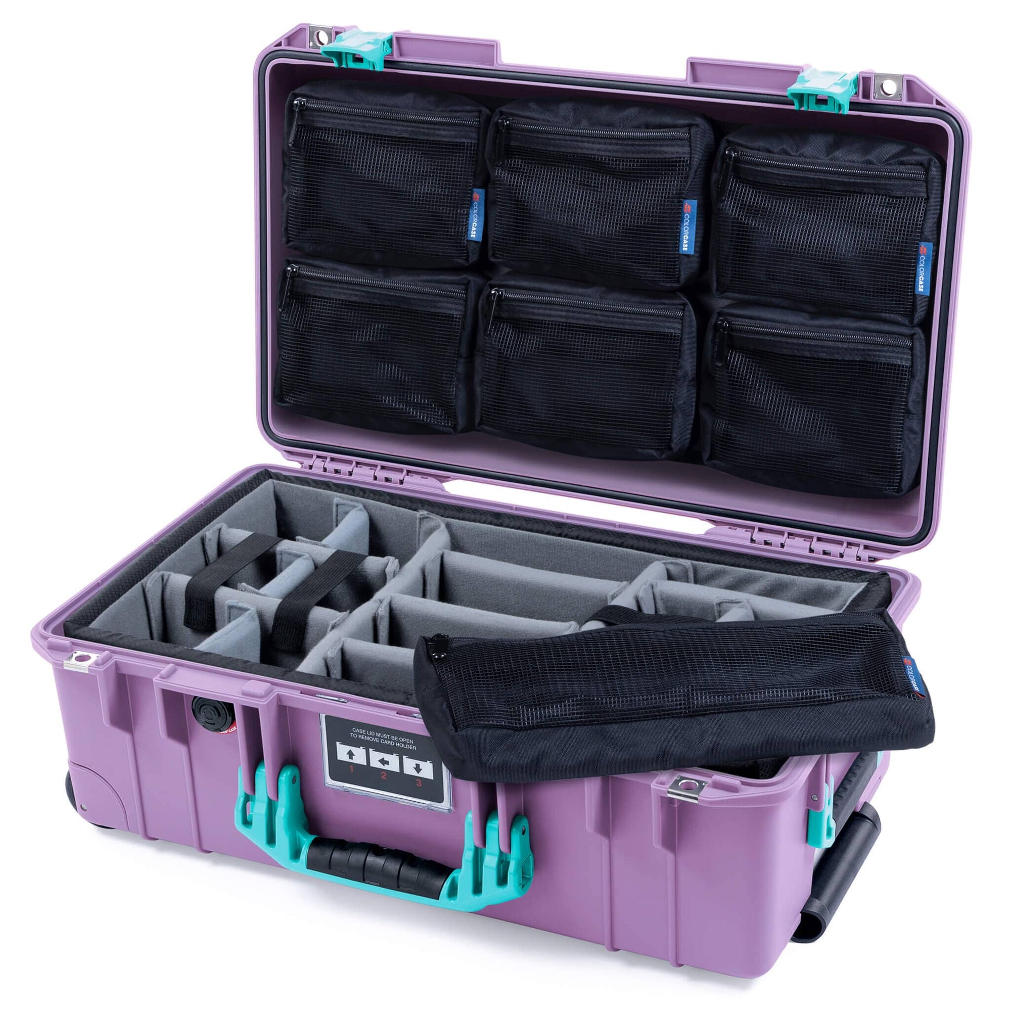 Pelican 1535 Air Case, Lilac with Teal Handles & Latches Gray Padded Microfiber Dividers with 7-Piece Removable Mesh Pouches ColorCase 015350-0770-540-591