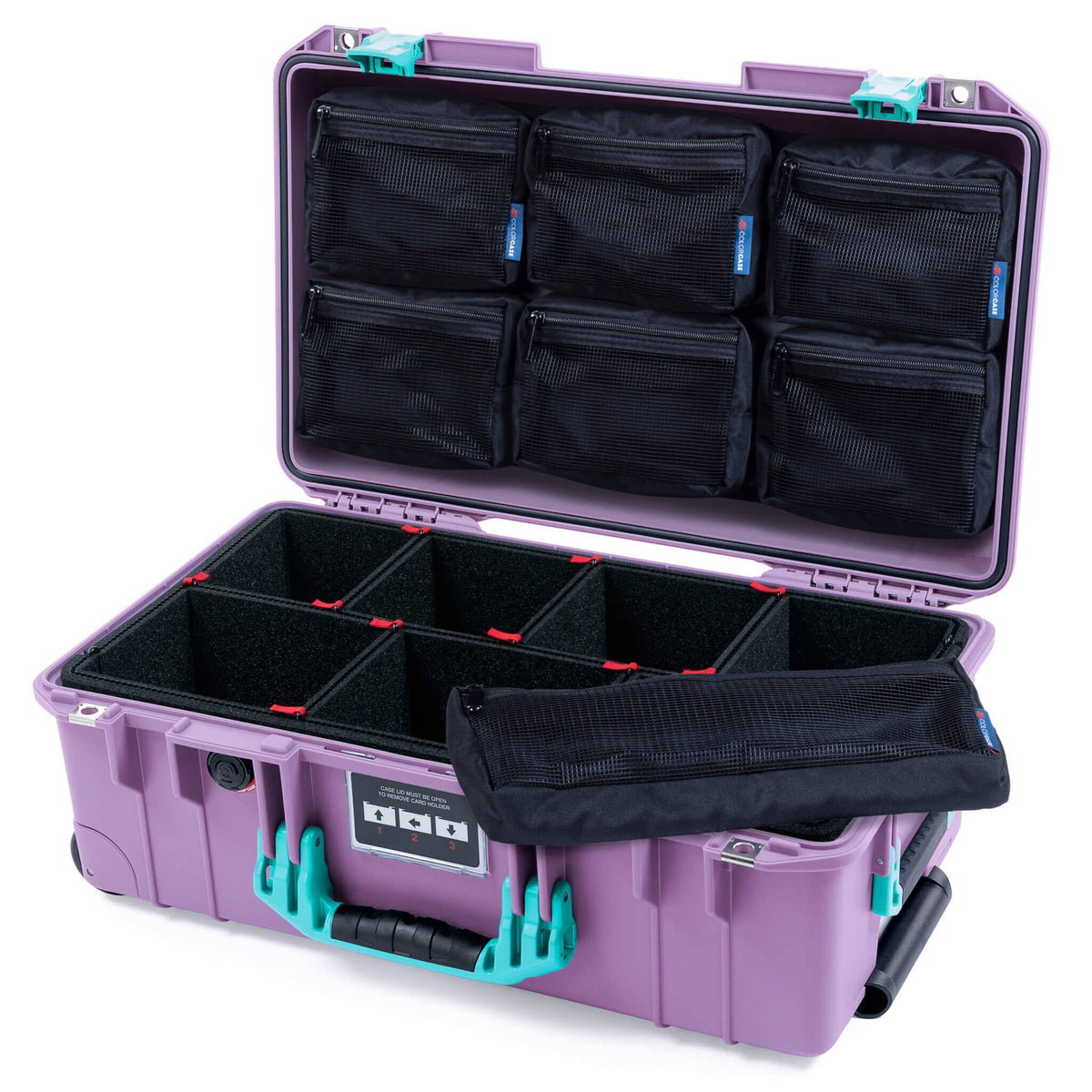 Pelican 1535 Air Case, Lilac with Teal Handles &amp; Latches TrekPak Divider System with 7-Piece Removable Mesh Pouches ColorCase 015350-0720-540-591