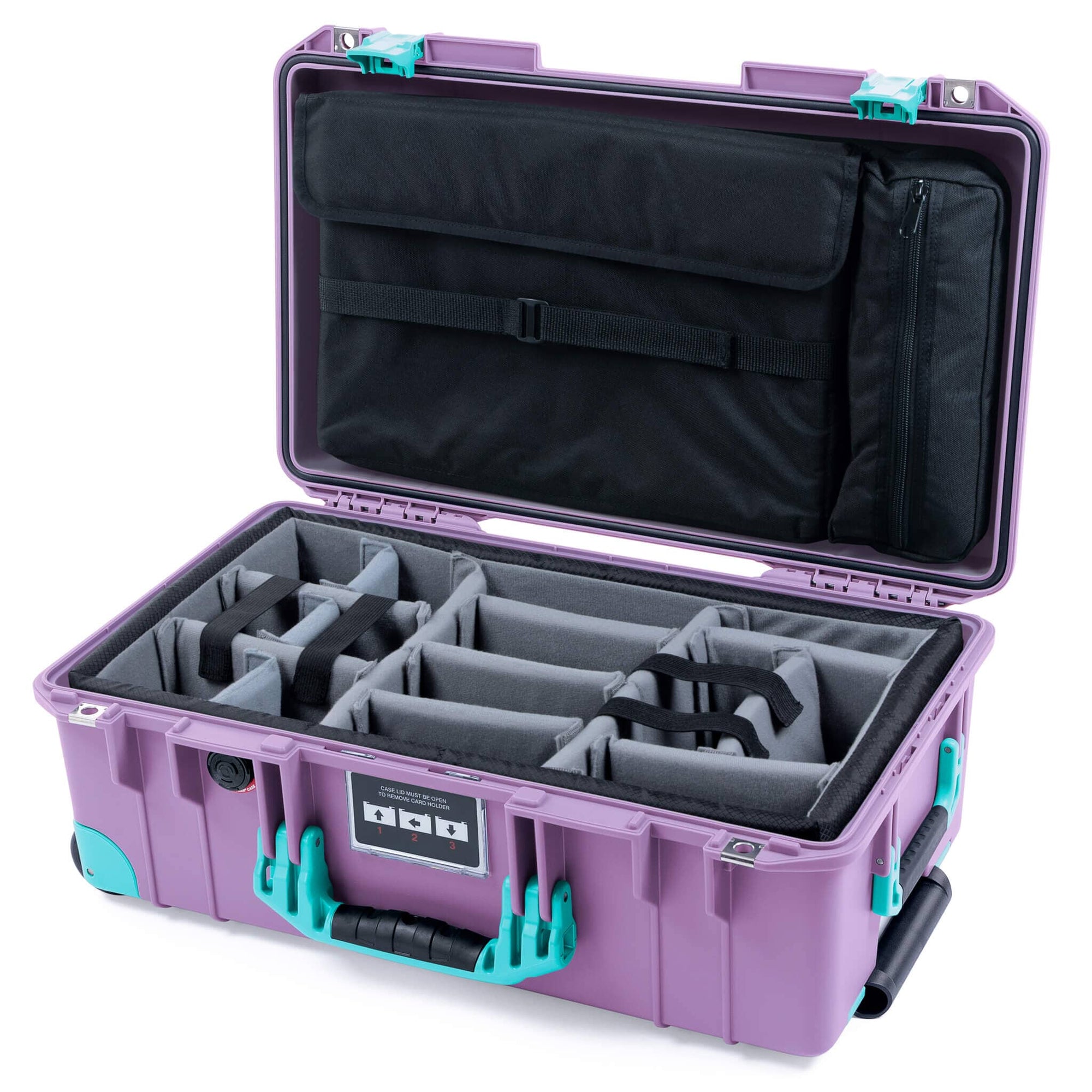 Pelican 1535 Air Case, Lilac with Teal Handles, Latches & Trolley Gray Padded Microfiber Dividers with Laptop Computer Lid Pouch ColorCase 015350-0270-540-591-590