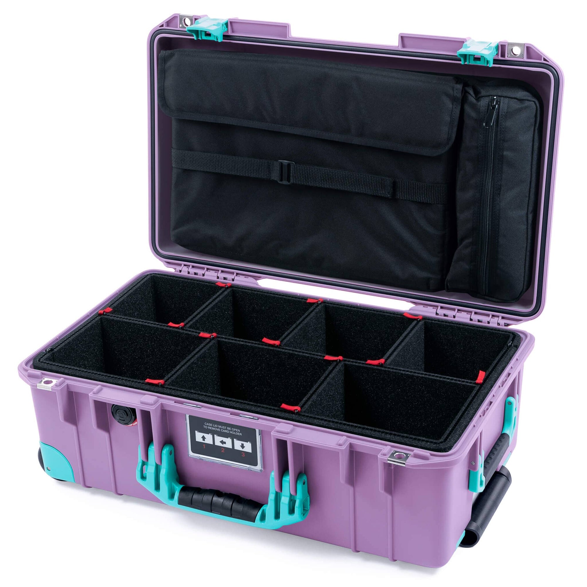Pelican 1535 Air Case, Lilac with Teal Handles, Latches & Trolley TrekPak Divider System with Laptop Computer Lid Pouch ColorCase 015350-0220-540-591-590