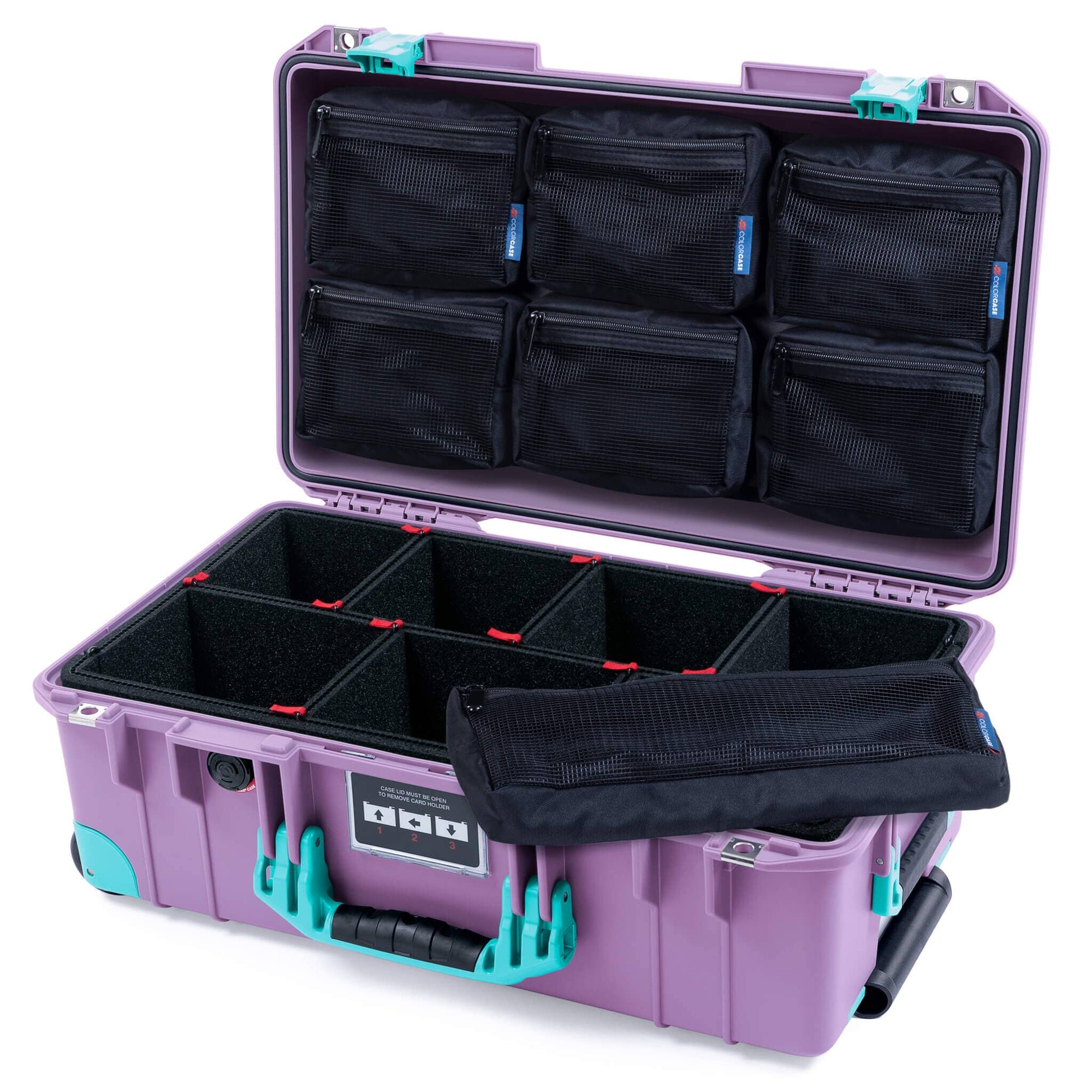 Pelican 1535 Air Case, Lilac with Teal Handles, Latches & Trolley TrekPak Divider System with 7-Piece Removable Mesh Pouches ColorCase 015350-0720-540-591-590
