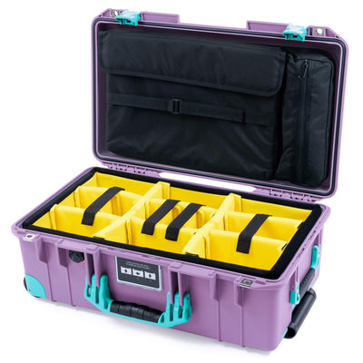 Pelican 1535 Air Case, Lilac with Teal Handles, Latches & Trolley Yellow Padded Microfiber Dividers with Laptop Computer Lid Pouch ColorCase 015350-0210-540-591-590