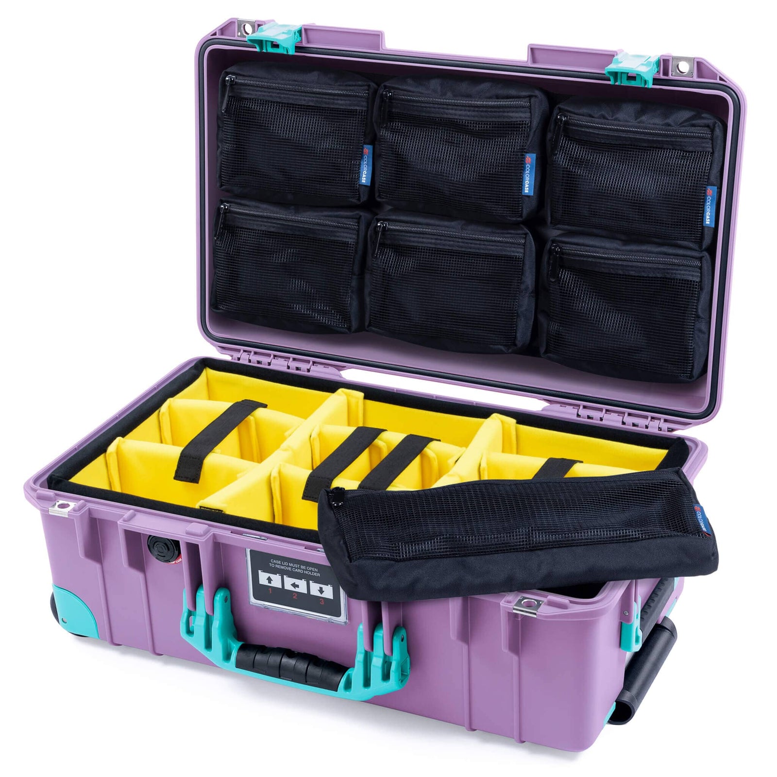 Pelican 1535 Air Case, Lilac with Teal Handles, Latches & Trolley Yellow Padded Microfiber Dividers with 7-Piece Removable Mesh Pouches ColorCase 015350-0710-540-591-590