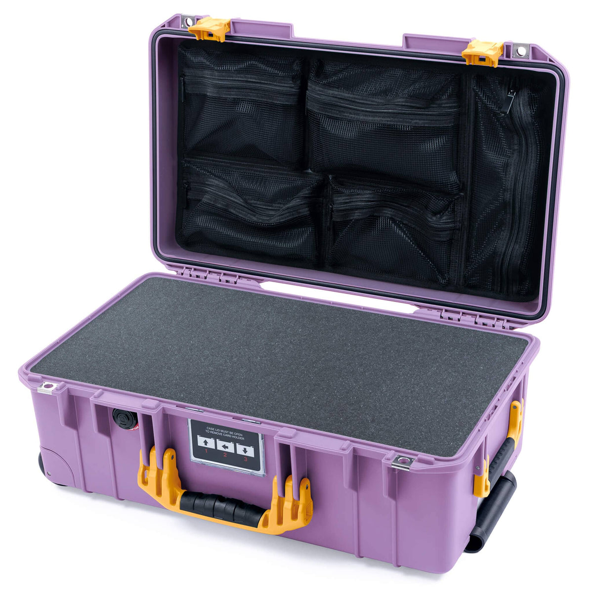 Pelican 1535 Air Case, Lilac with Yellow Handles &amp; Latches Pick &amp; Pluck Foam with Mesh Lid Organizer ColorCase 015350-0101-540-241