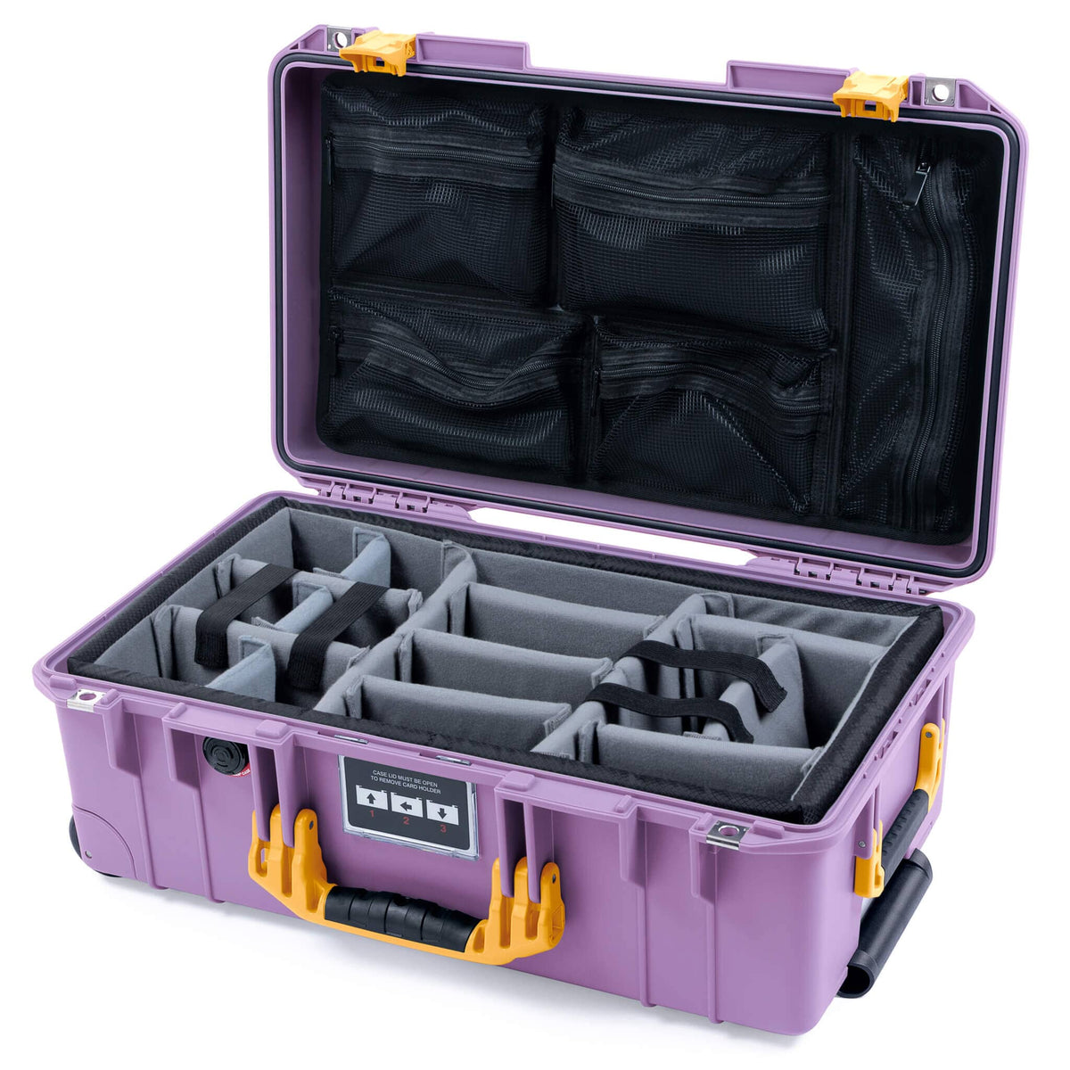 Pelican 1535 Air Case, Lilac with Yellow Handles &amp; Latches Gray Padded Microfiber Dividers with Mesh Lid Organizer ColorCase 015350-0170-540-241