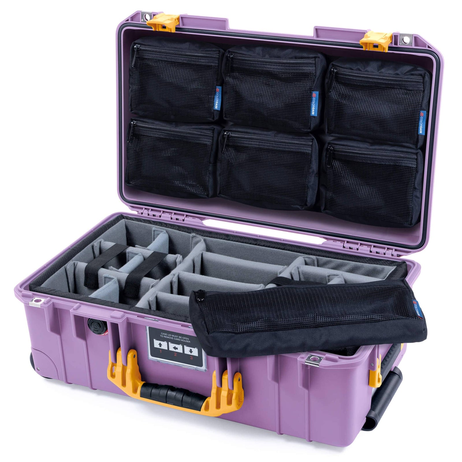Pelican 1535 Air Case, Lilac with Yellow Handles & Latches Gray Padded Microfiber Dividers with 7-Piece Removable Mesh Pouches ColorCase 015350-0770-540-241