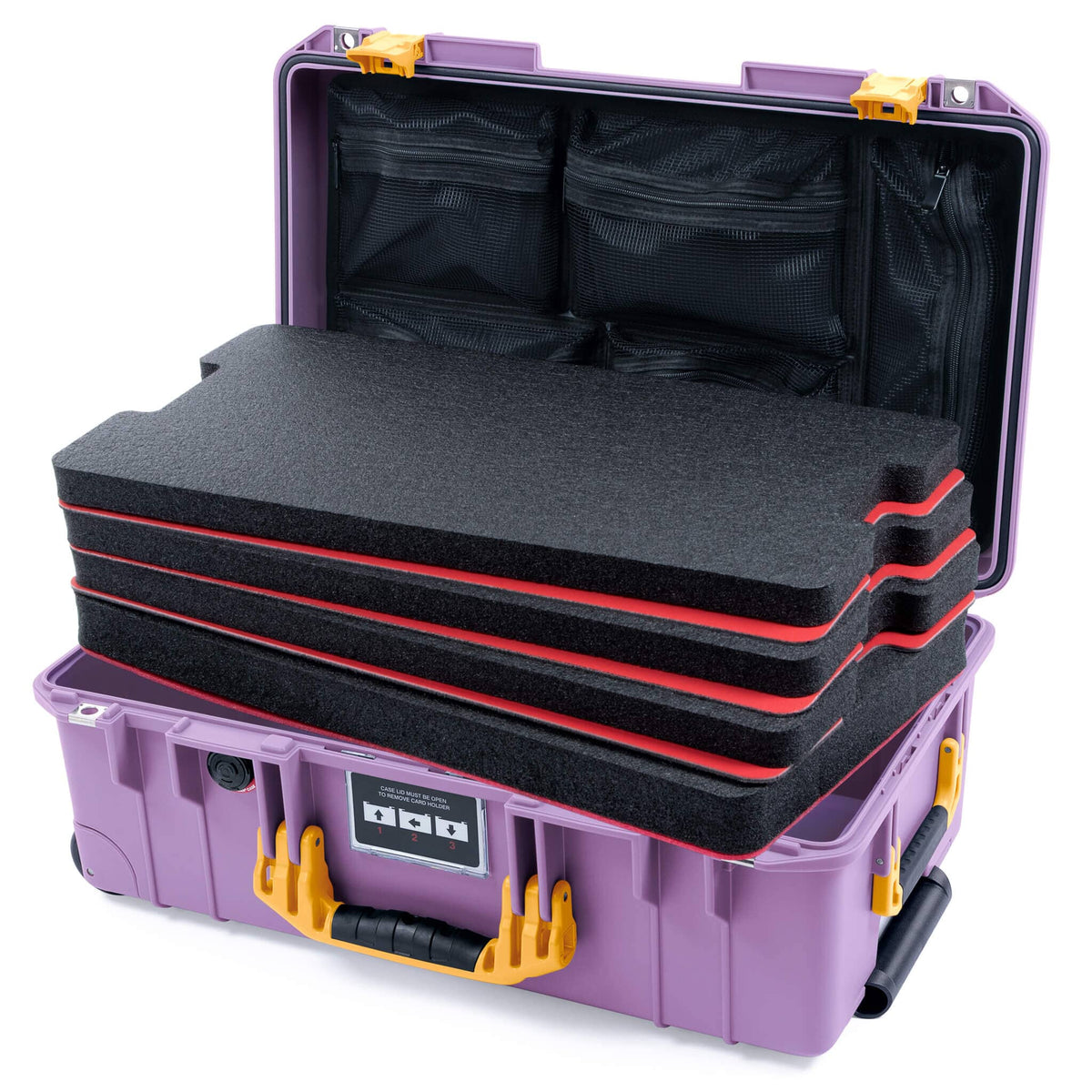 Pelican 1535 Air Case, Lilac with Yellow Handles &amp; Latches Custom Tool Kit (4 Foam Inserts with Mesh Lid Organizer) ColorCase 015350-0160-540-241