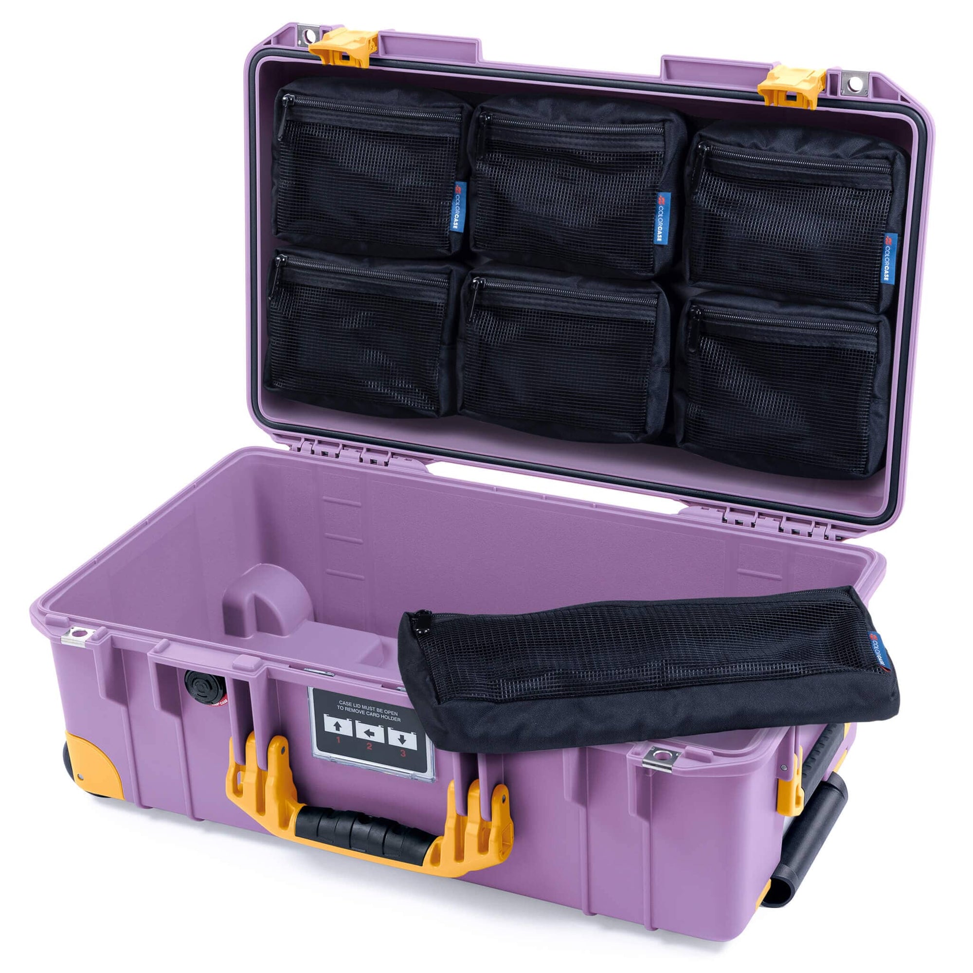 Pelican 1535 Air Case, Lilac with Yellow Handles, Latches & Trolley 7-Piece Removable Mesh Pouches Only ColorCase 015350-0700-540-241-240