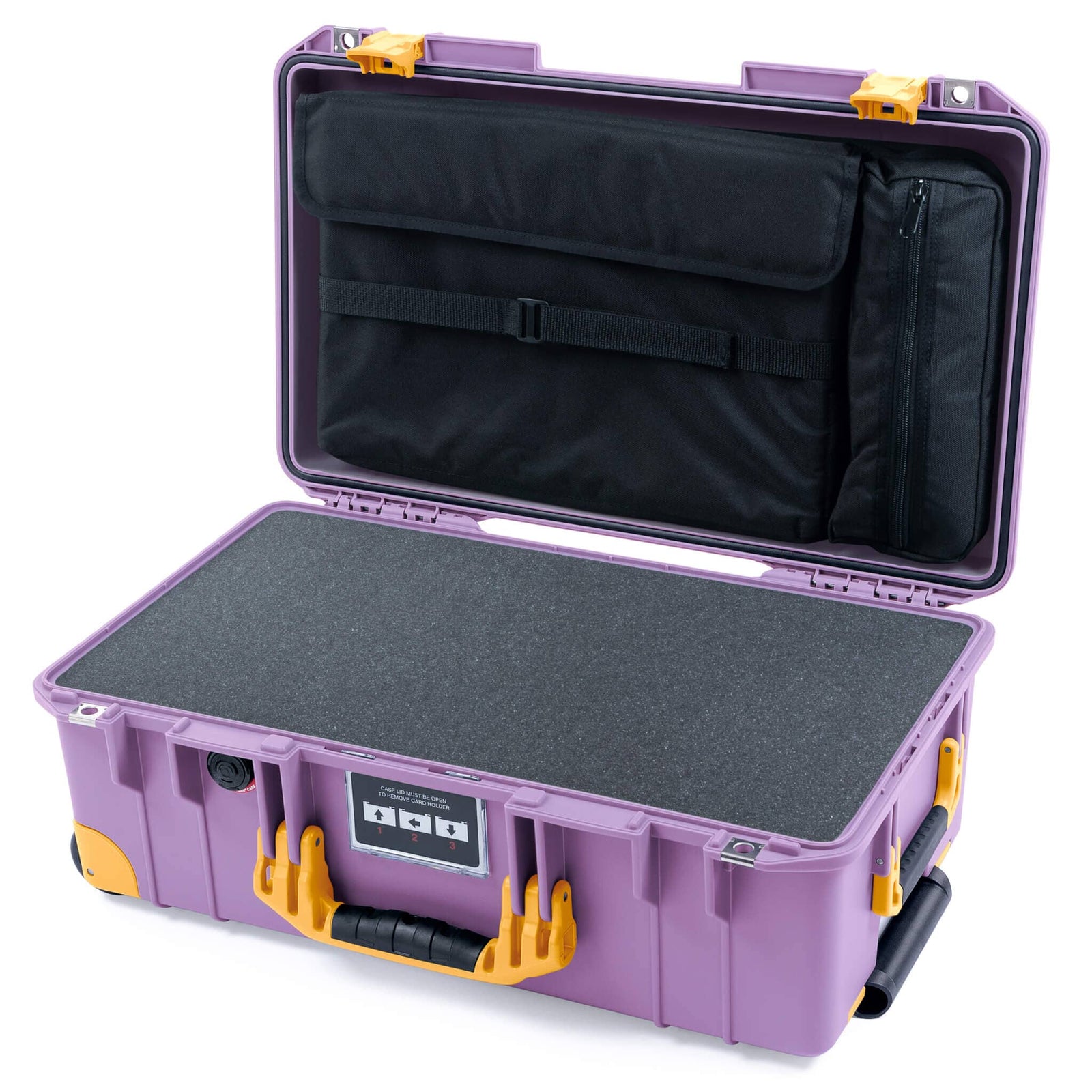 Pelican 1535 Air Case, Lilac with Yellow Handles, Latches & Trolley Pick & Pluck Foam with Laptop Computer Lid Pouch ColorCase 015350-0201-540-241-240